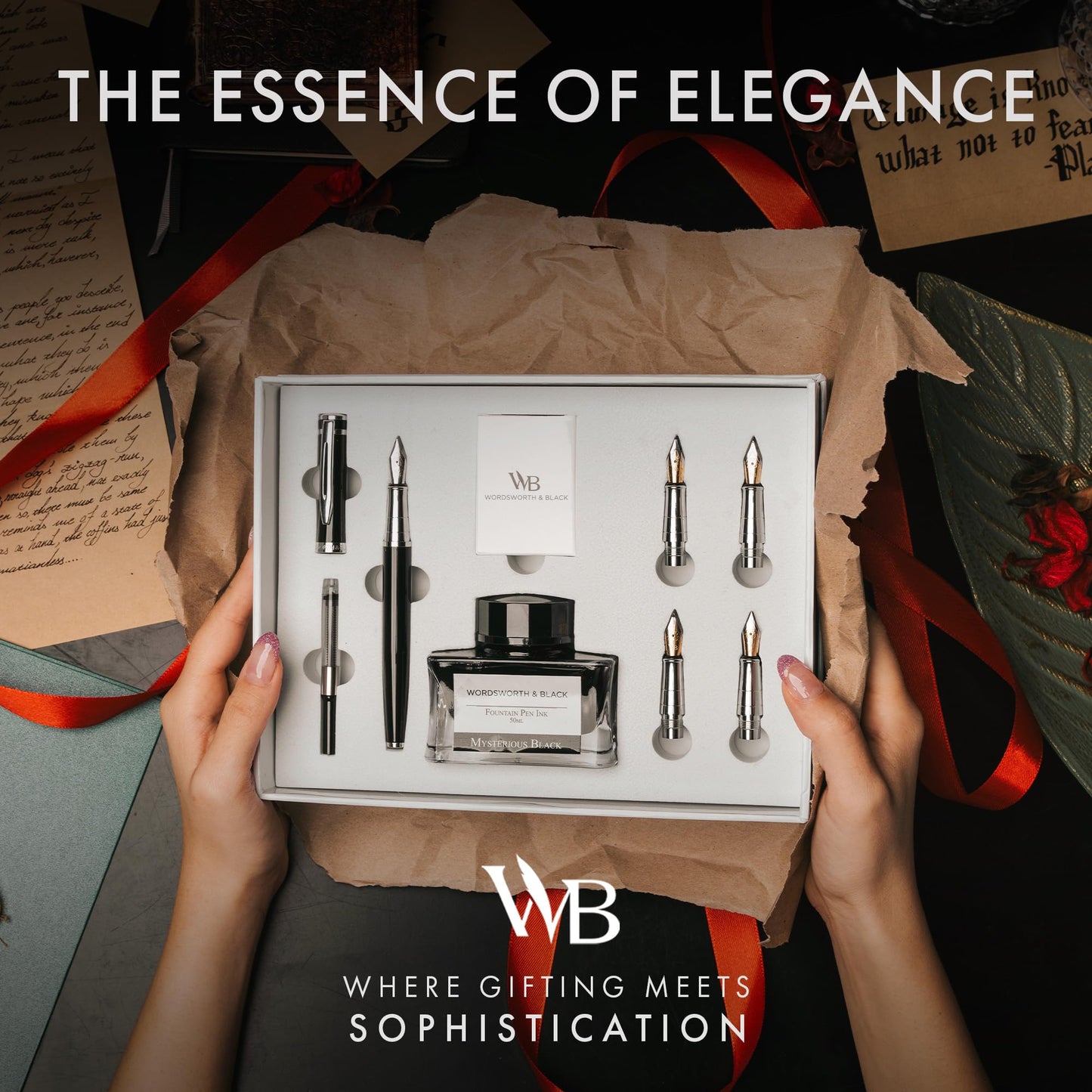 Wordsworth & Black Fountain Pen Gift Set, Includes Ink Bottle, 6 Ink Cartridges, Ink Refill Converter, 4 Replacement Nibs, Premium Package, Journaling, Calligraphy, Smooth Writing Pens [Black Chrome]