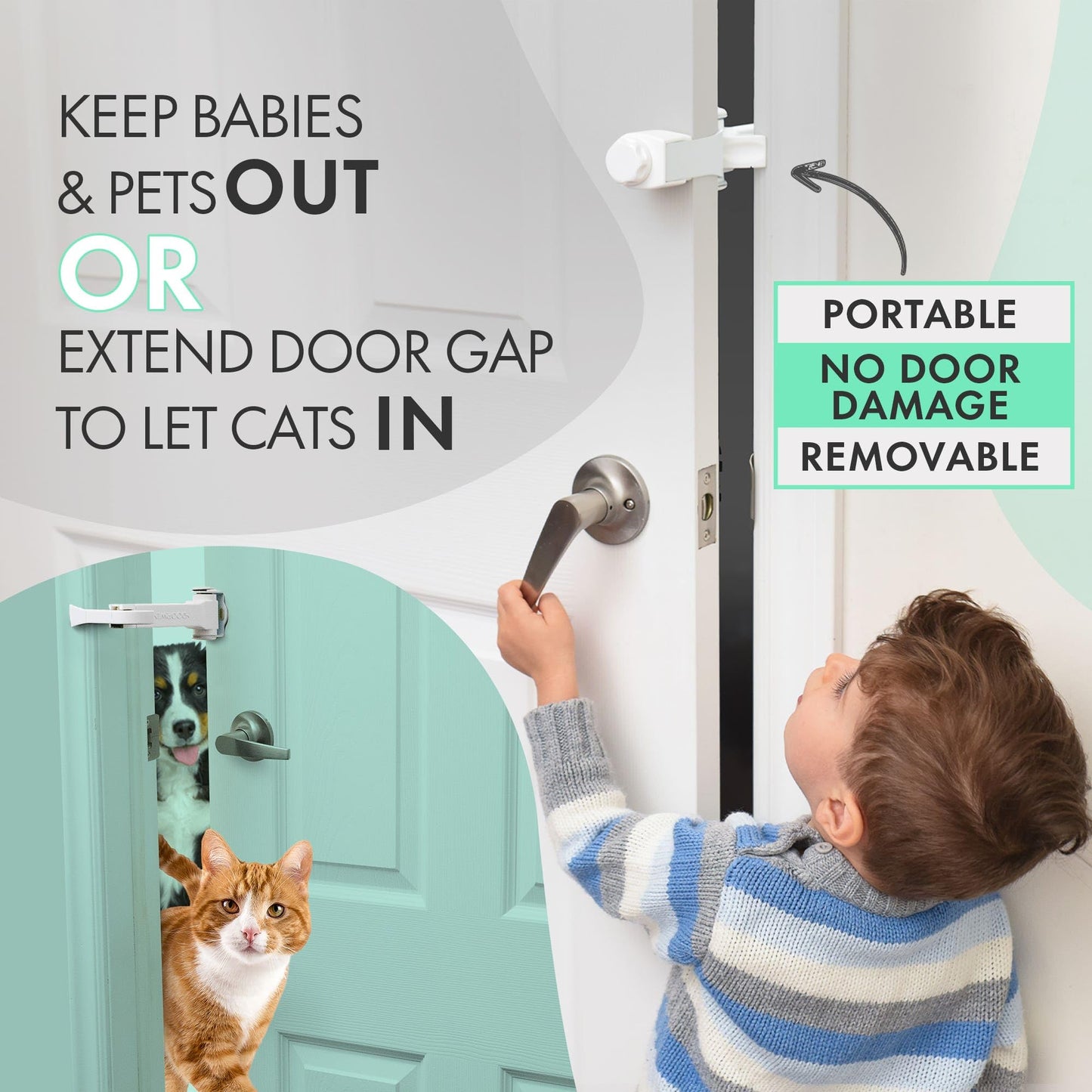 DOORWING Portable Door Lock. No Adhesive. No Door Damage. Adjustable Door Latch for Baby Proofing. Easy Alternative to Baby Gate, Dog Gate & Cat Door. Let Cats In. Keep Kids/Dogs Out of Cat Litter Box