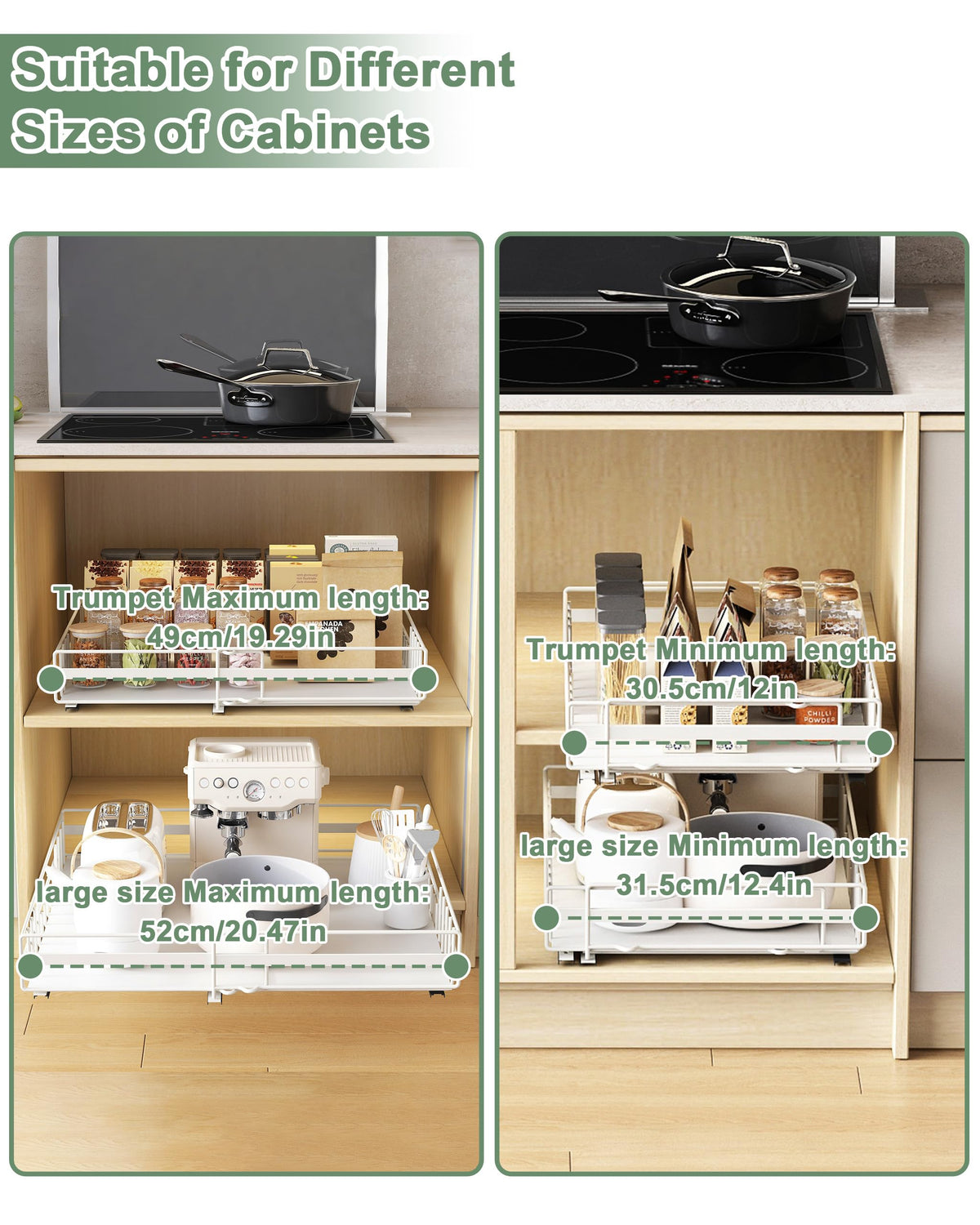 UMDONX 2 Pack Expandable Pull Out Cabinet Organizer Drawers Kitchen Cupboard Storage, No Drill Sliding Rack Adhesive Pantry Shelf (Durable Metal White Load 65LBS)