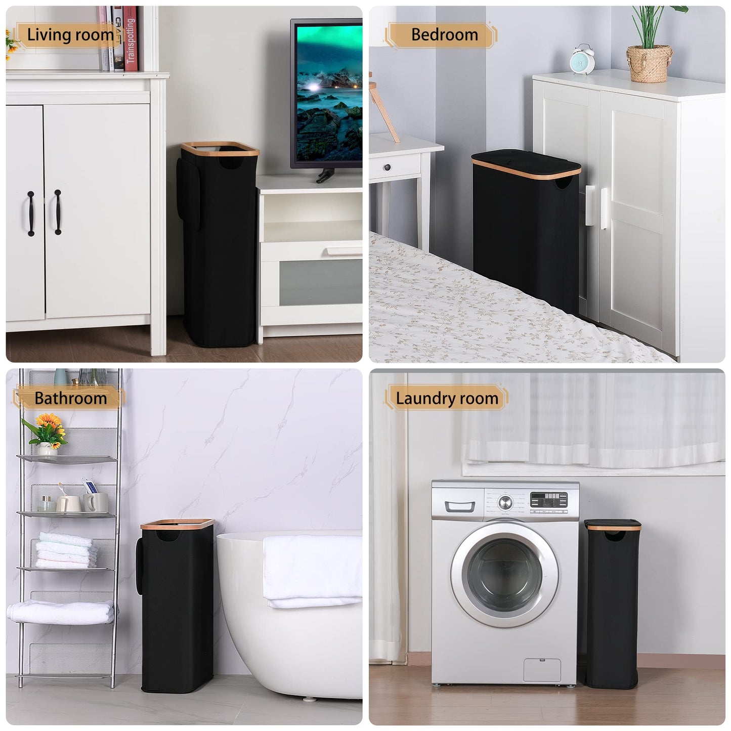 iEGrow 60L Slim Laundry Hamper with Lid Hampers for Laundry,Narrow Laundry Basket with Removable Inner Bag & Bamboo Handles Tall Thin Clothes Hamper for Clothes Towels Organization（Black）