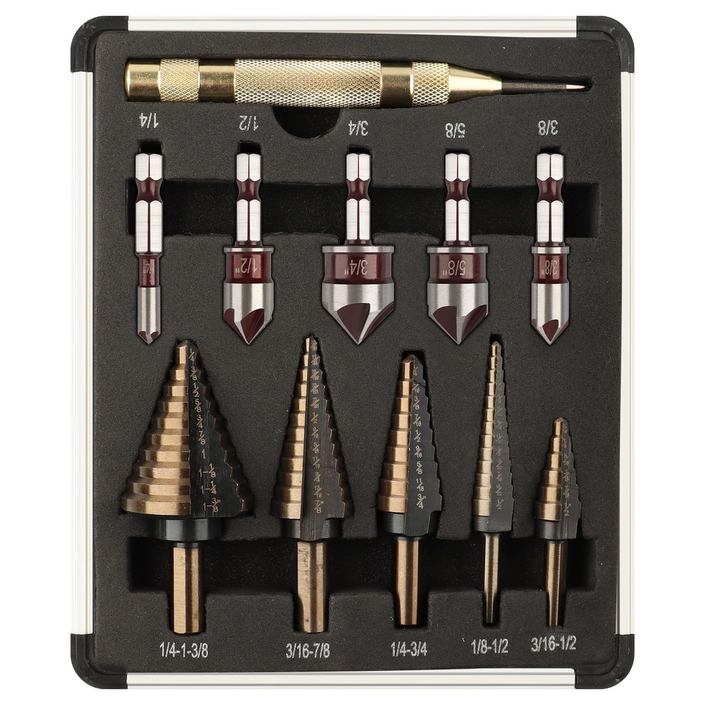 AOKLIT 5 Pack 50 Sizes Step Drill Bit & 5 Pack M2 Countersink Drill Bit Set，Titanium Coated, with Aluminum Case, Multiple Hole Stepped Up Bits for DIY