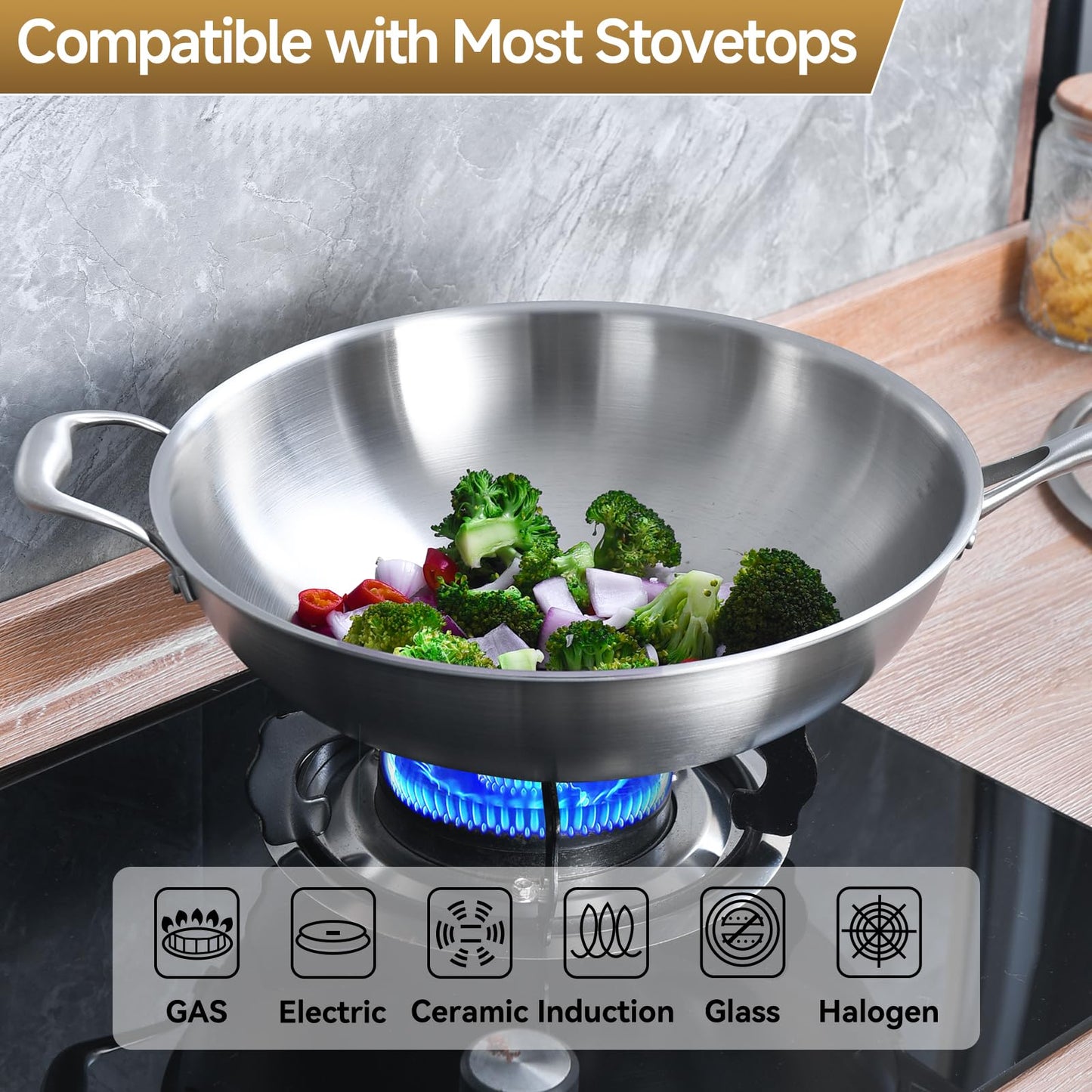 LOLYKITCH 12 Inch Tri-Ply Stainless Steel Wok Pan with Lid, Stir-Frying Pan,Induction Cooking Pan,Dishwasher and Oven Safe,Heavy Duty and Detachable Handle