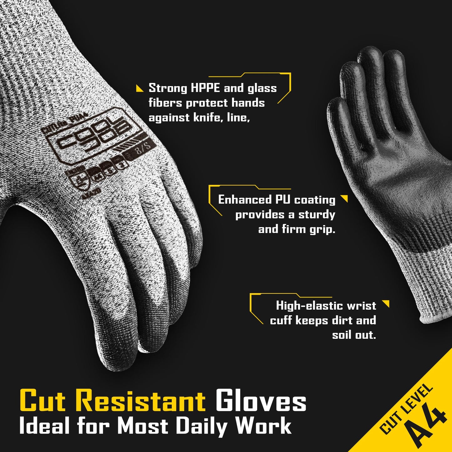 COOLJOB 12 Pairs A4 Cut Resistant Work Gloves with Grip, Polyurethane PU Coated, for Wood Carving, Glass Handling, Construction, Warehouse, Breathable & Lightweight, Gray Large
