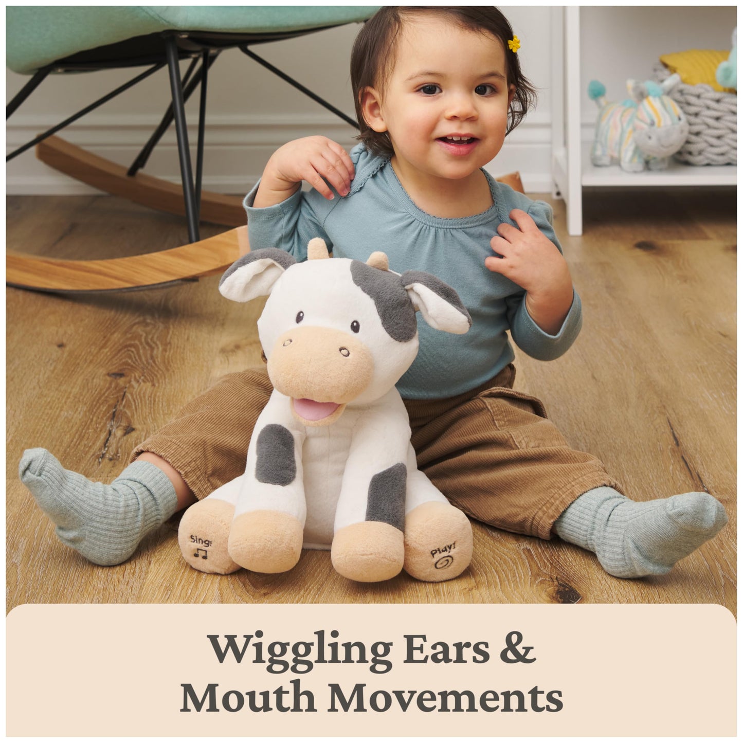 Baby GUND Buttermilk The Cow Animated Plush, Singing Stuffed Animal Sensory Toy, Sings Old Macdonald and Teaches Animal Sounds, Cream/Grey, 12”