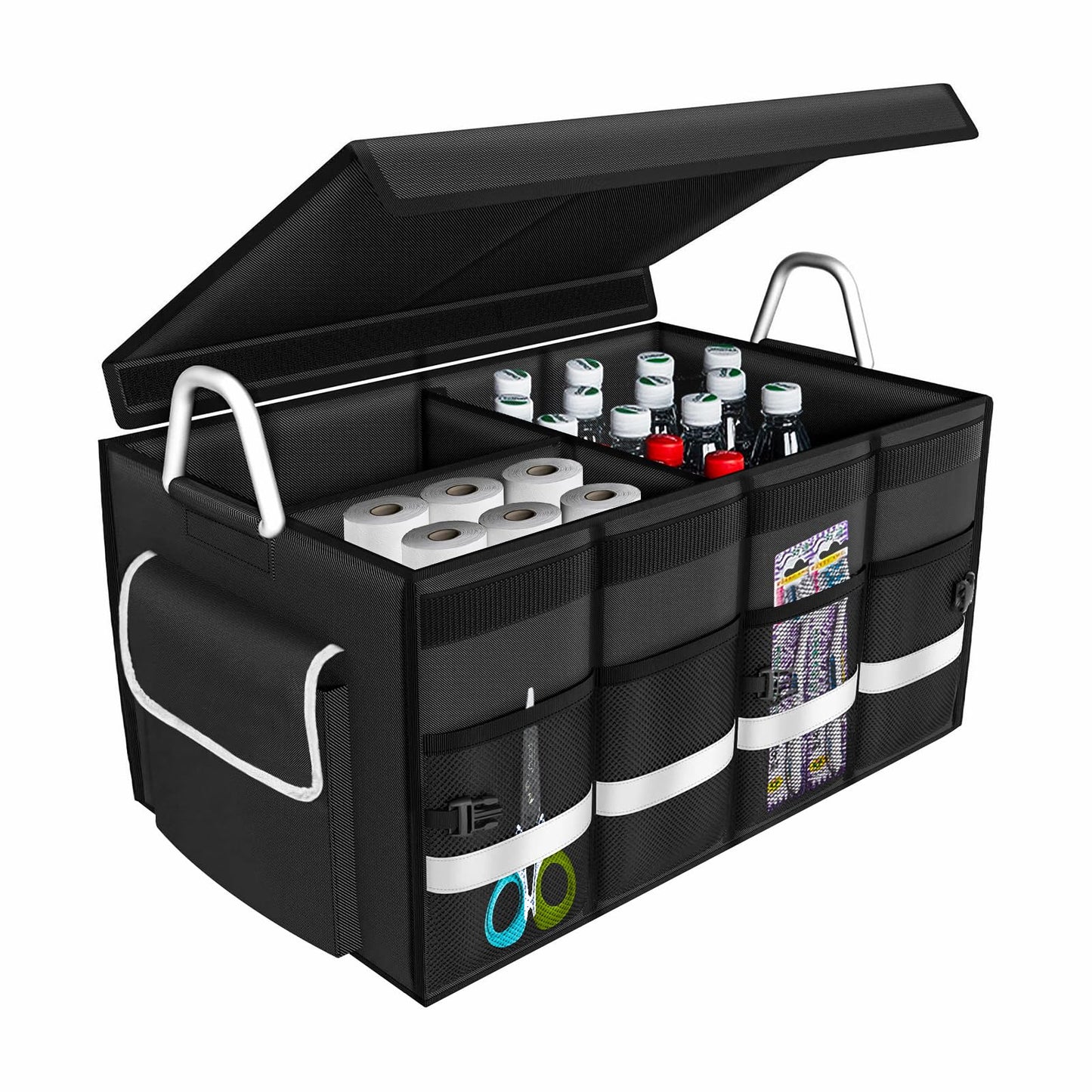 Car Trunk Organizer for SUV, ONATISMAGIN Collapsible Multi Compartments Trunk Storage Organizer, Waterproof Car Storage Organizer with Foldable Lid, Aluminium Handle, Non Slip Bottom (Black)