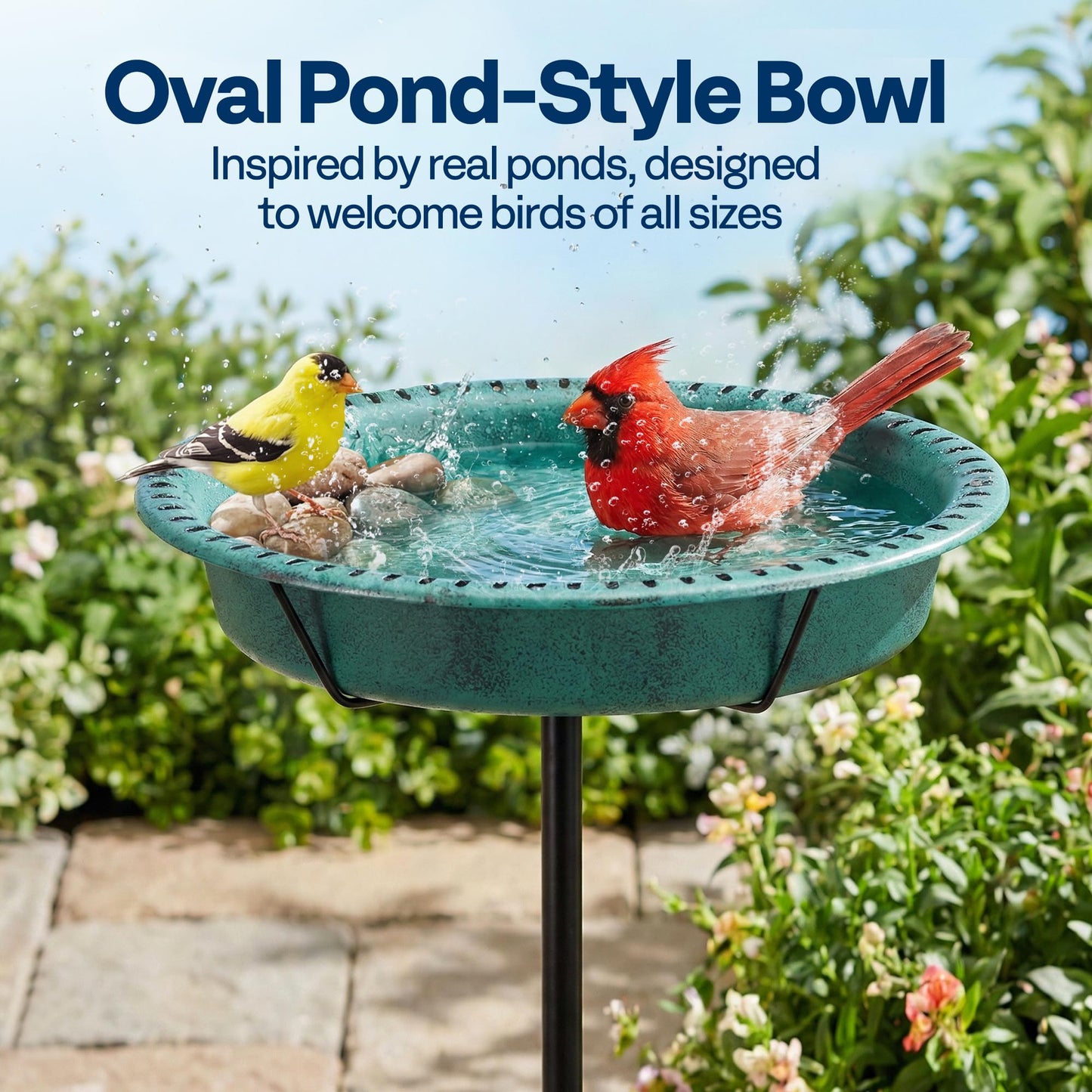 VIVOHOME Oval Bird Bath for Outside, Outdoor Birdbath Bowl with Metal Ground Stake, Weather-Resistant ABS Bird Bath and Feeder for Garden, 1.3 Gallons, Green