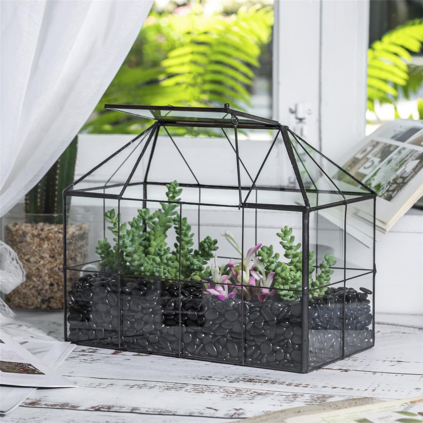 NCYP Geometric Terrarium Planter - 25x13.5x20 cm - Grid House Shape Glass Terrarium Box for Succulent Cacti Air Plants, Modern Indoor Tabletop Centerpiece, Flower Pot, Black (No Plants)