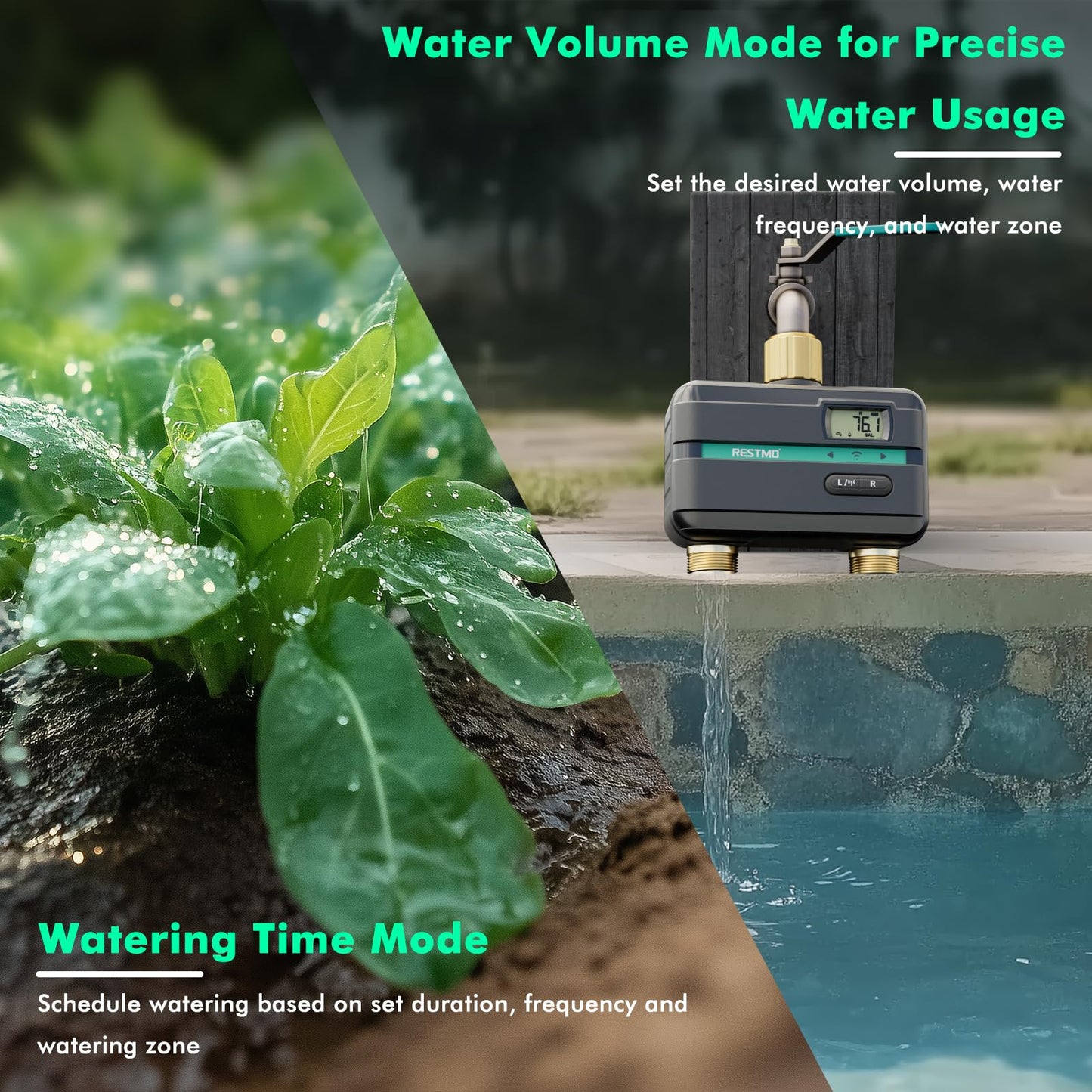 RESTMO Smart Water Timer with Flow Meter, Sprinkler Timer for Garden Hose, Brass Inlet & Outlet, Automatic Lawn & Yard Irrigation Watering System, APP Remote Control (2.4Ghz WiFi Connection)