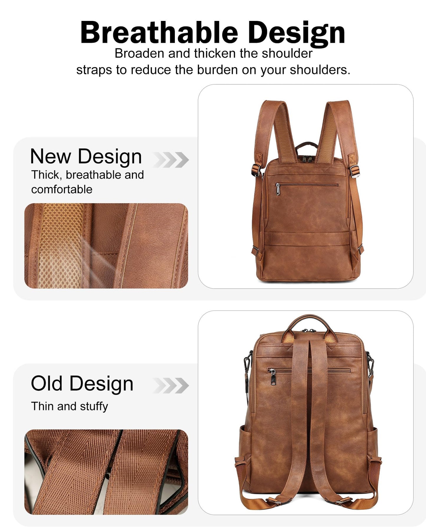 FADEON Leather Laptop Backpack for Women Designer 15.6 inch PU Laptop Bag, Ladies Travel Computer Work Backpack Brown