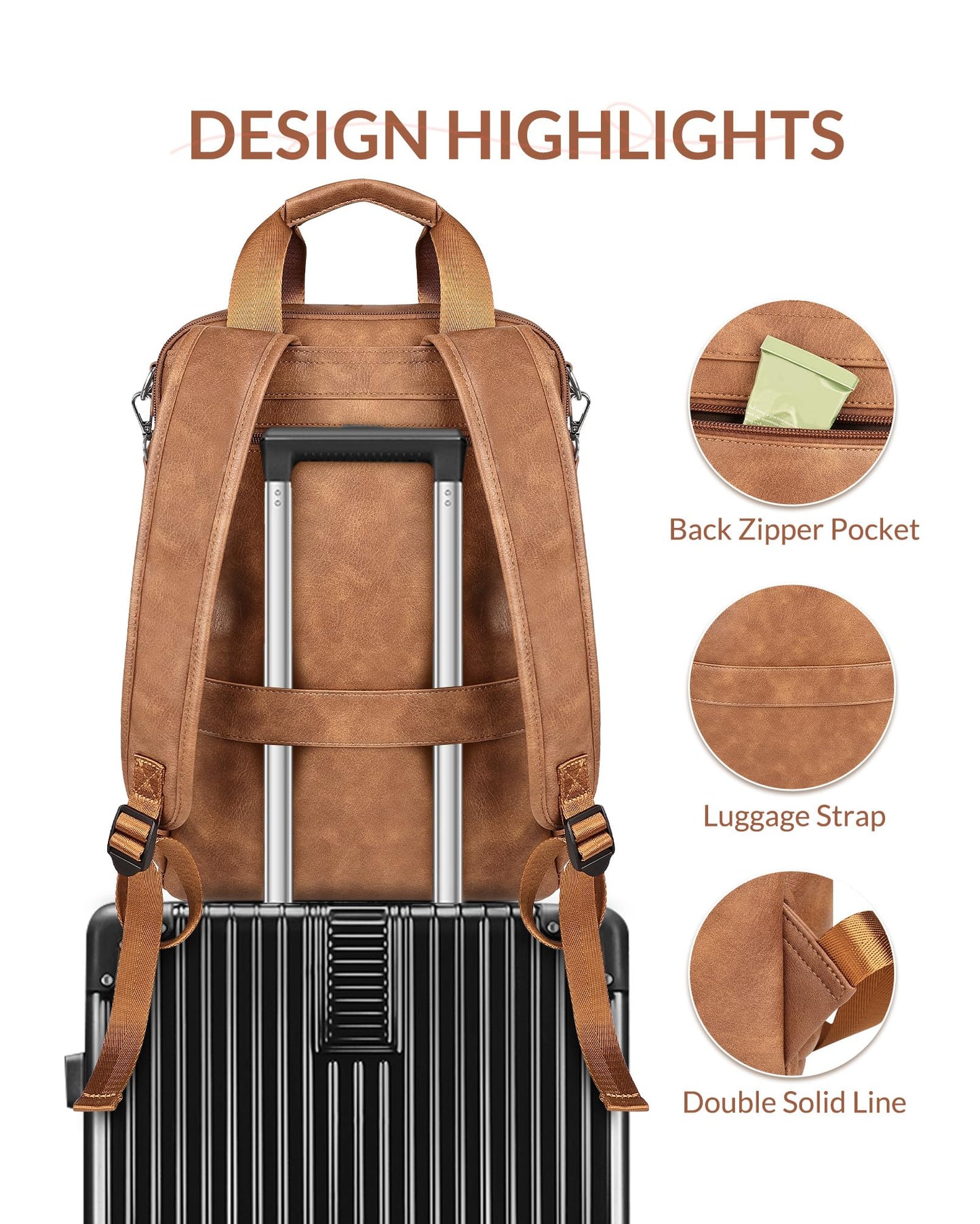 SYTRAH Leather Laptop Backpack 15.6 Inch Womens Laptop Bag, 3 IN 1 Computer Bag Handbag with Colorful Shoulder Bag Strap for Work Travel College Mocha Brown