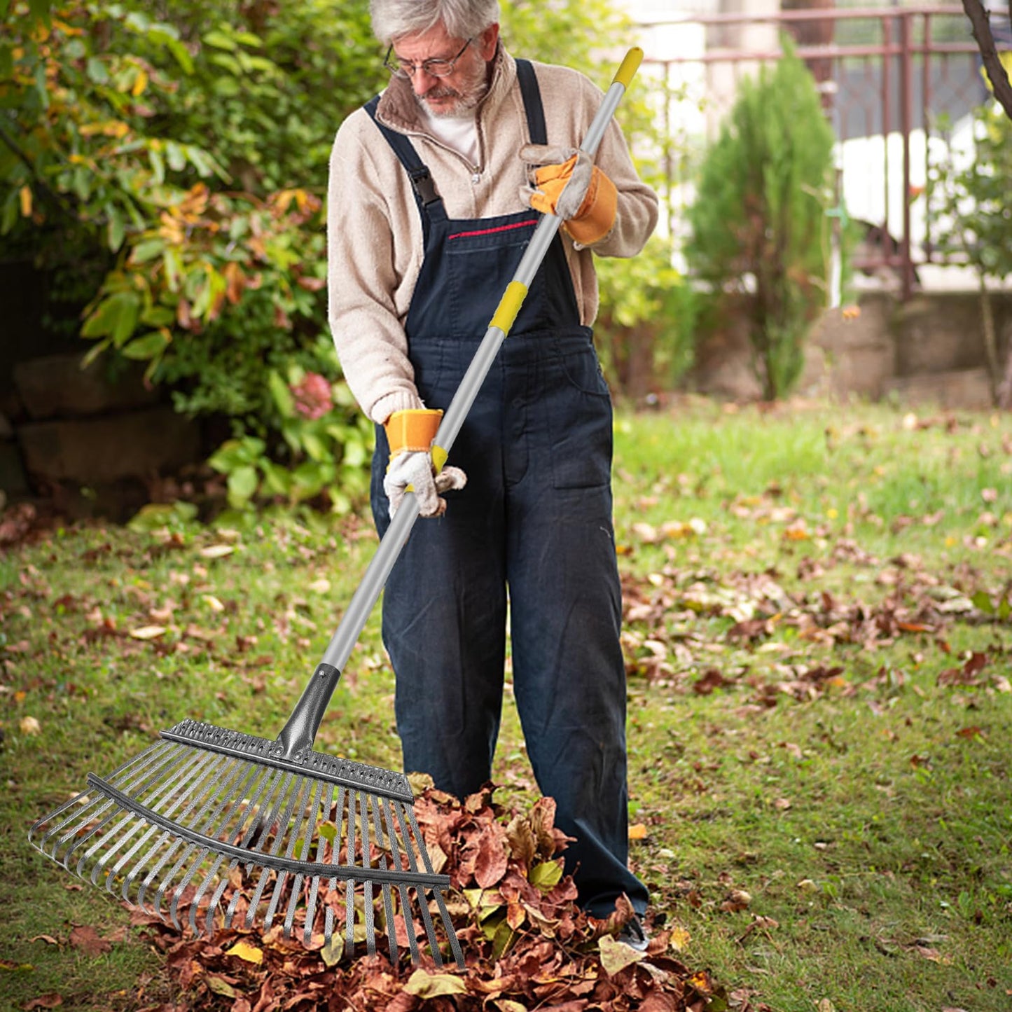 Stanew 5.4FT Heavy Duty Stainless Steel Garden Leaf Rake -Adjustable Length, 25 Tines Landscape Rake, Leaf Collector, and Leaf Scoops for Yarn Thatch, Gathering Leaves, Farming, Herb Garden and More