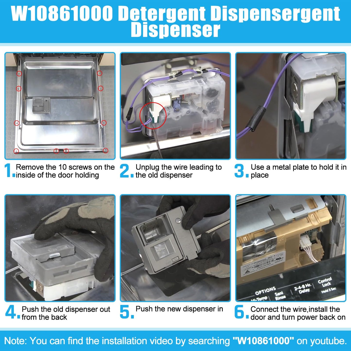 UPGRADED W10861000 Dishwasher Detergent Dispenser Compatible With Whirlpool Kitchenaid Maytag Dishwasher Detergent Dispenser Replacement Parts W10620296 W10620298 WDT730PAHZ0 Soap Dishwasher Dispenser