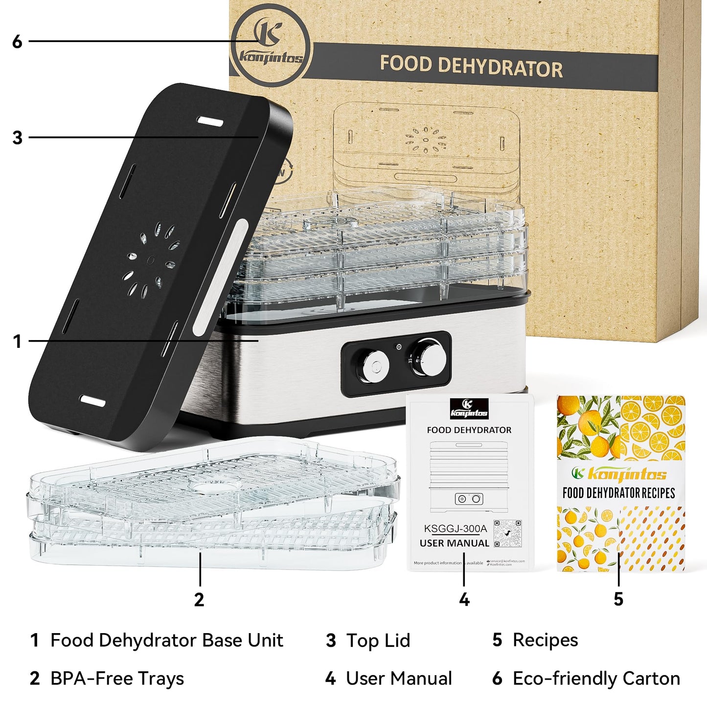 Konfintos Compact Food Dehydrator Machine for Jerky & Fruit, 250W Small Dehydrator Food Dryer, 5 Stackable BPA-Free Trays with Temperature Control for Meat, Mushroom & Herbs, Recipe Included, 72H Max