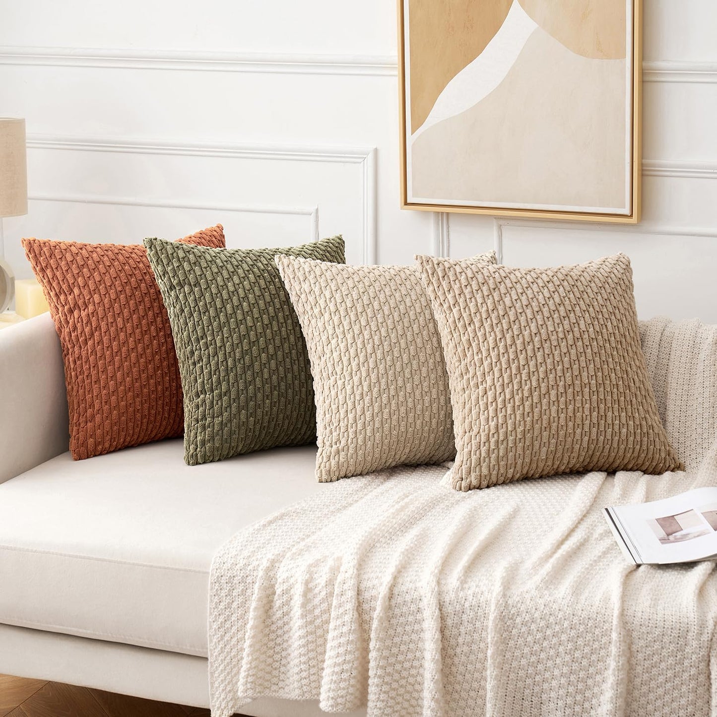 MIULEE Pack of 4 Rust-Olive Green Throw Pillow Covers 18x18 Inch Soft Corduroy Decorative Boho Striped Pillow Covers Pillowcases Modern Farmhouse Home Decor for Couch Bed Sofa Living Room