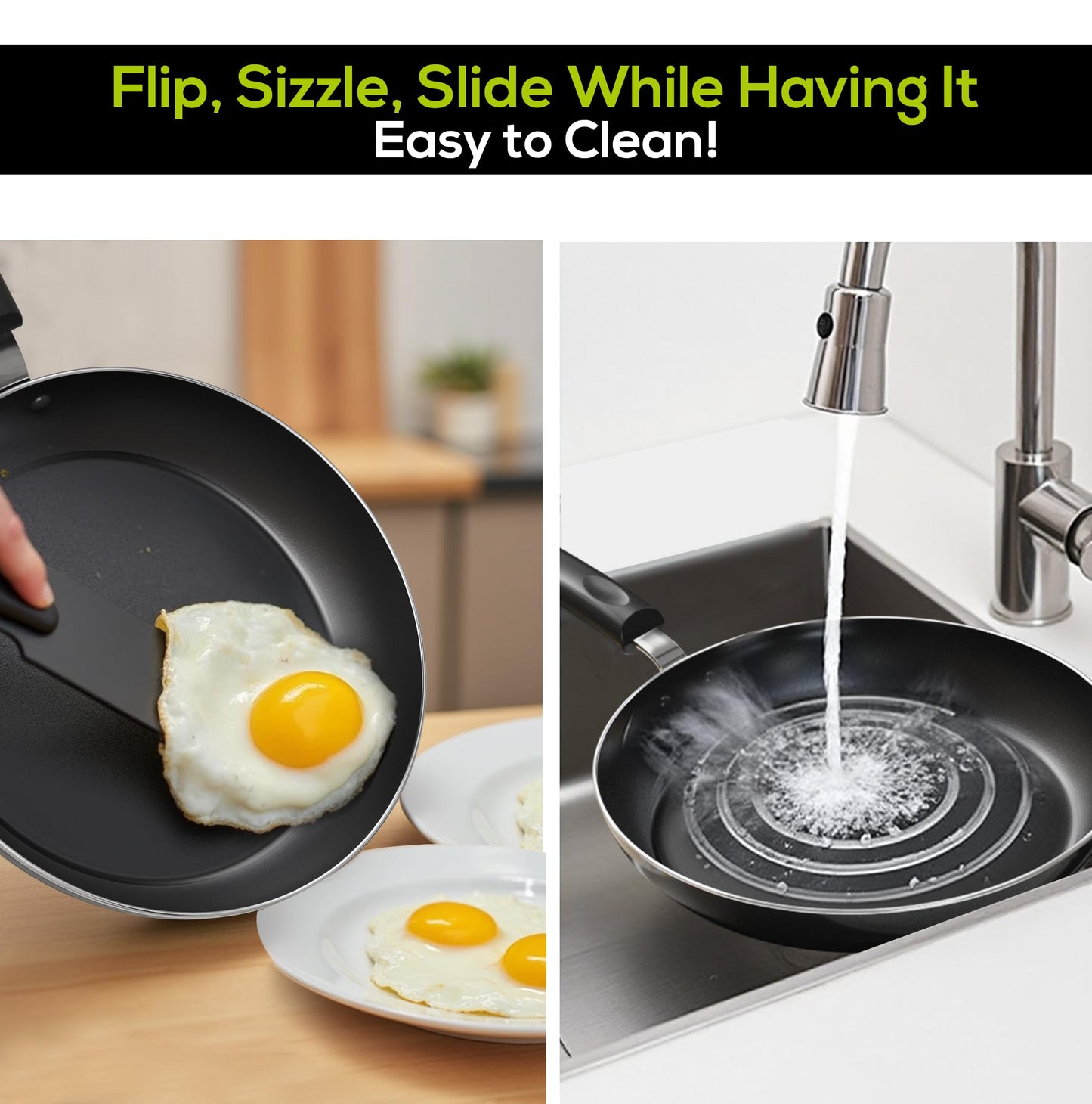 KICHLY Nonstick Frying Pan Set, 3 Piece Induction Bottom Chef's Pan, 8 Inches, 9.5 Inches and 11 Inches Cookware Set, Black