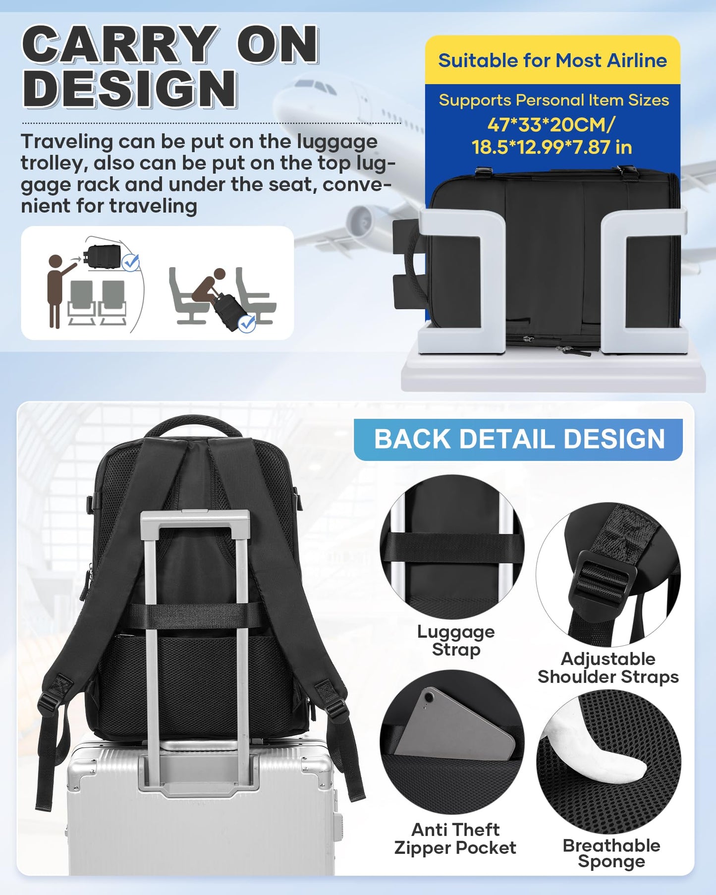 VGCUB Vacuum Backpack Travel with Pump Compression Travel Backpack with Vacuum System Weekender Waterproof Personal Item Bags for Women Men Carry on Luggage for Airplanes Black