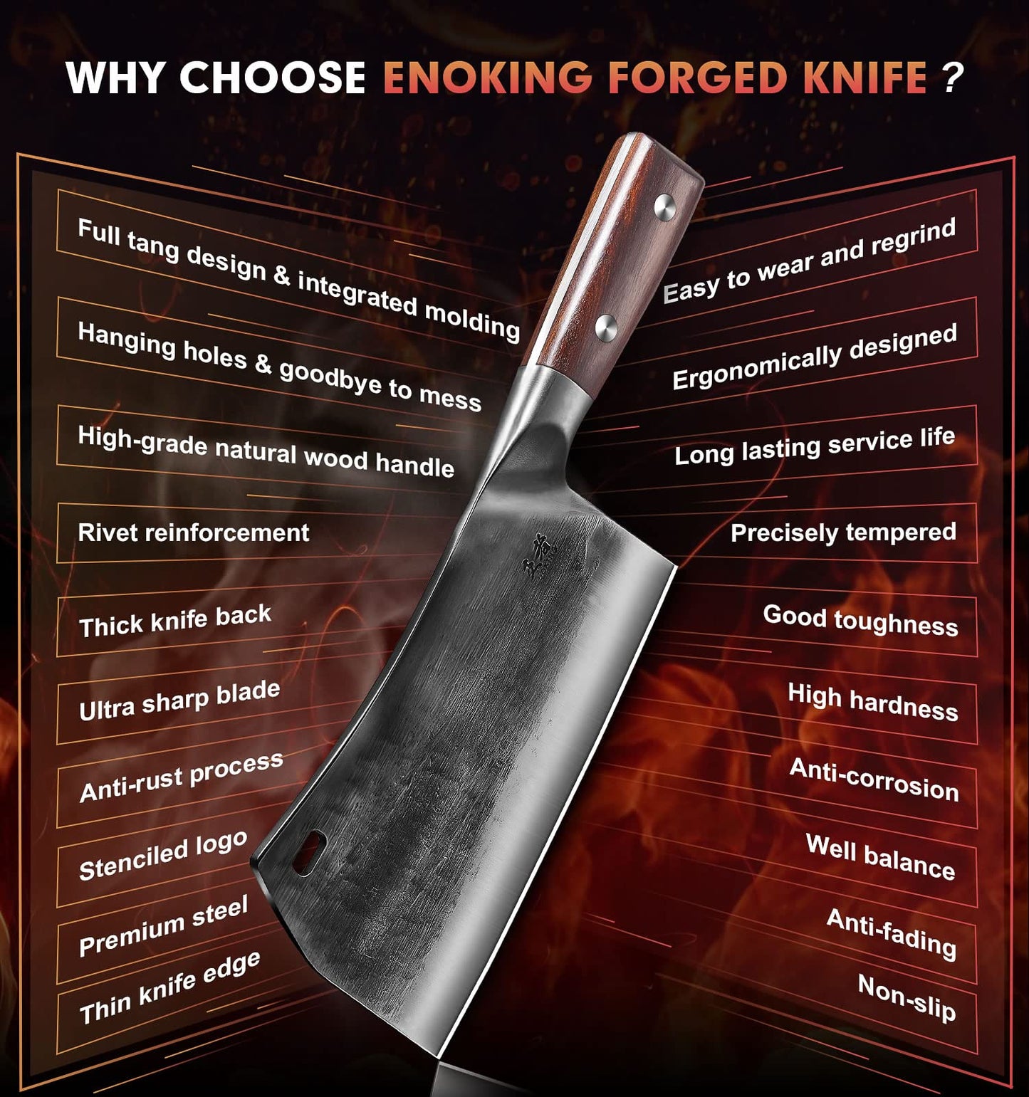 ENOKING Cleaver Knife, 7.5 Inch Hand Forged Meat Cleaver Heavy Duty Bone Chopper German High Carbon Stainless Steel Butcher Knife with Full Tang Handle for Home Kitchen and Restaurant, Ultra Sharp