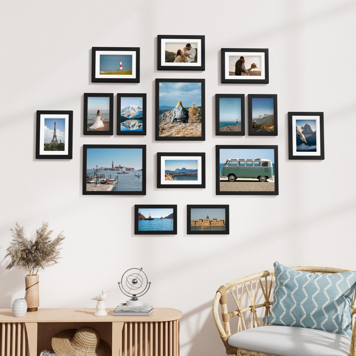 Vittanly 15 Pack Black Picture Frames Gallery Wall Frame Set for Mounting or Tabletop Display, Multi Sizes Collage Photo Frames Including 3pcs 8x10, 6pcs 5x7, 6pcs 4x6