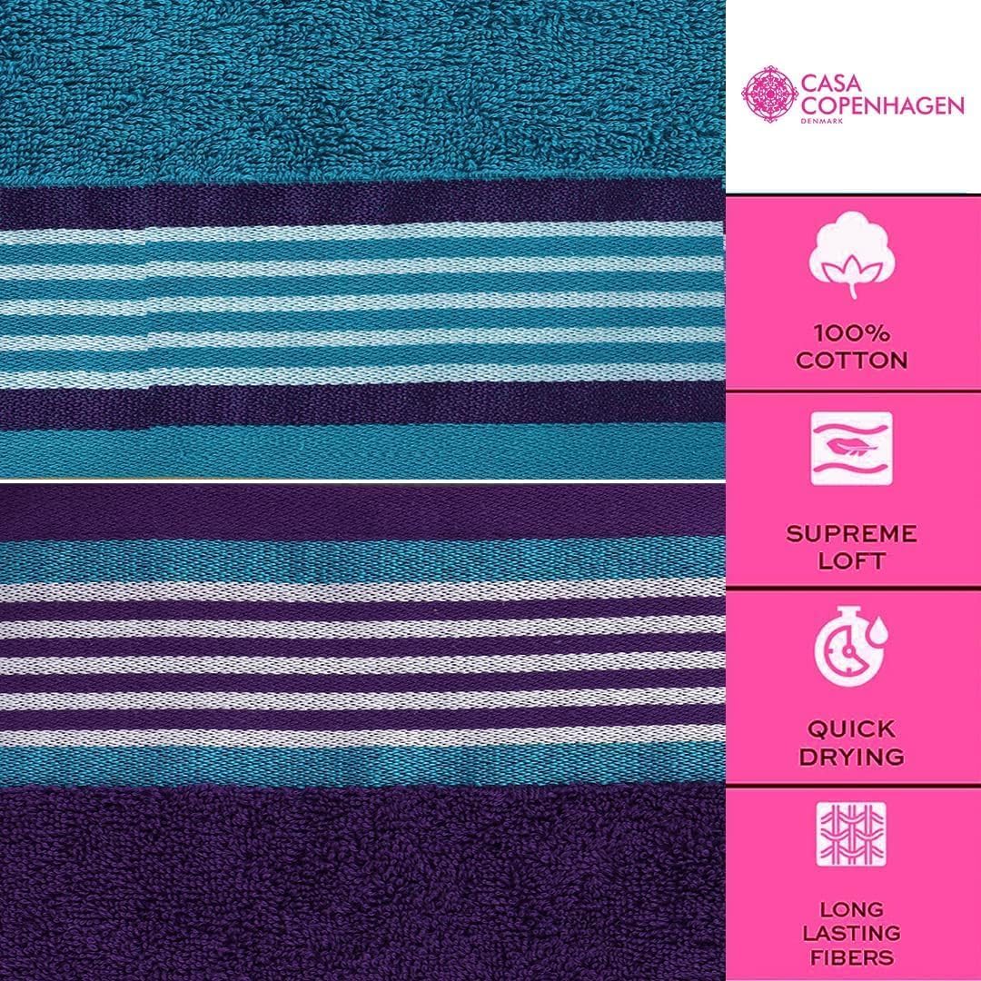 Casa Copenhagen He & She 6 Pieces Towel Set- Violet Indigo + Teal Green, 550 GSM 2 Bath Towel 2 Hand Towel 2 Washcloth, Designed in Denmark Made of Soft Egyptian Cotton for Bathroom, Kitchen & Shower