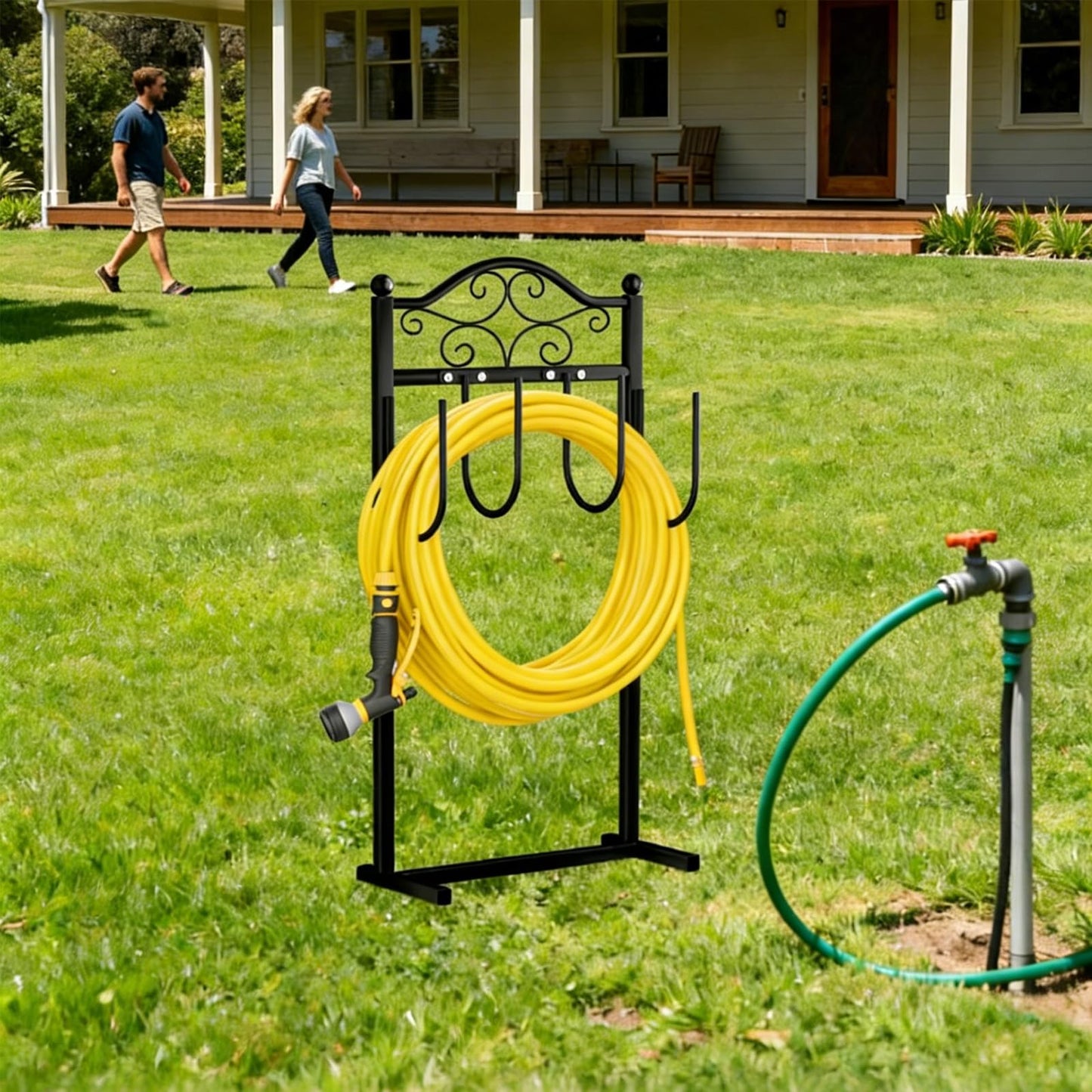 Garden Hose Holder, Heavy-Duty Garden Hose Stand for 100FT Hoses, Freestanding Water Hose Holder for Yard & Garden, Black