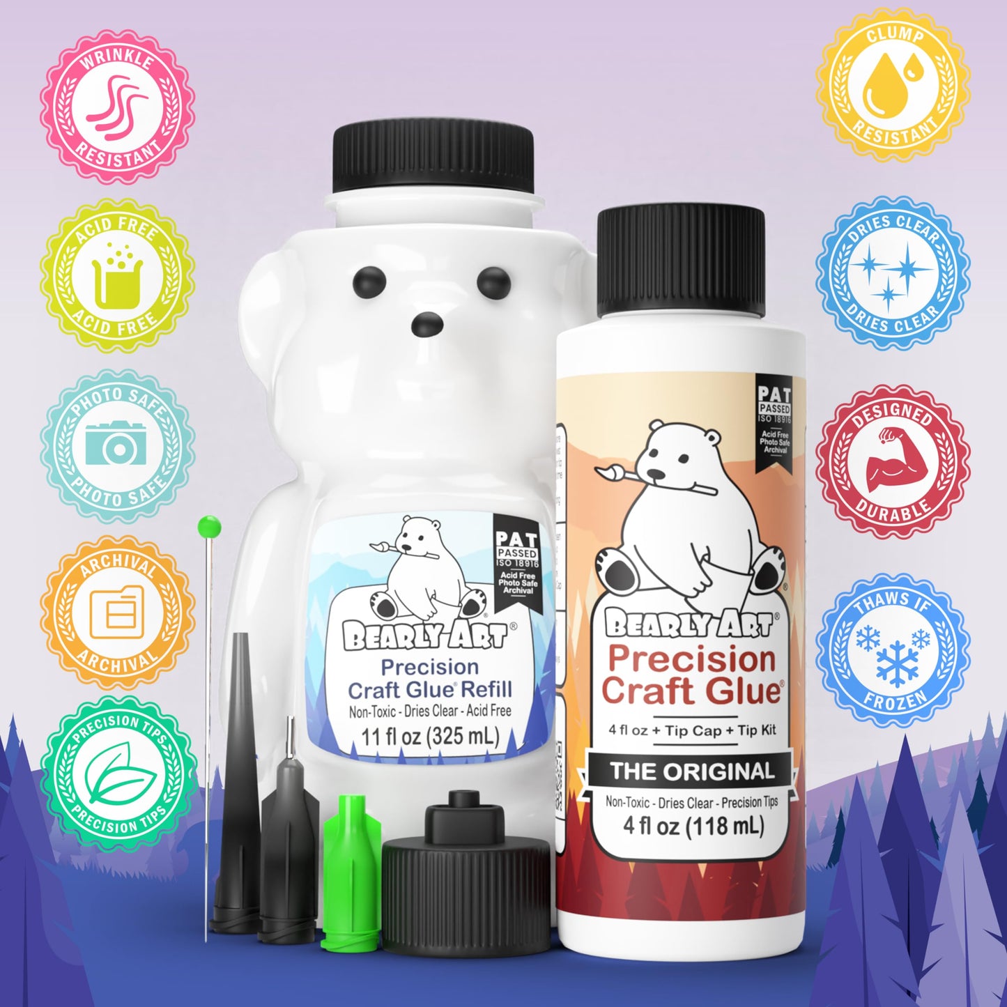 Bearly Art Precision Craft Glue -The Bundle - 4fl oz and 11fl oz Refill Bear - Tip Kit Included - Wrinkle Resistant - Flexible and Crack Resistant - Strong Hold Adhesive - Made in USA