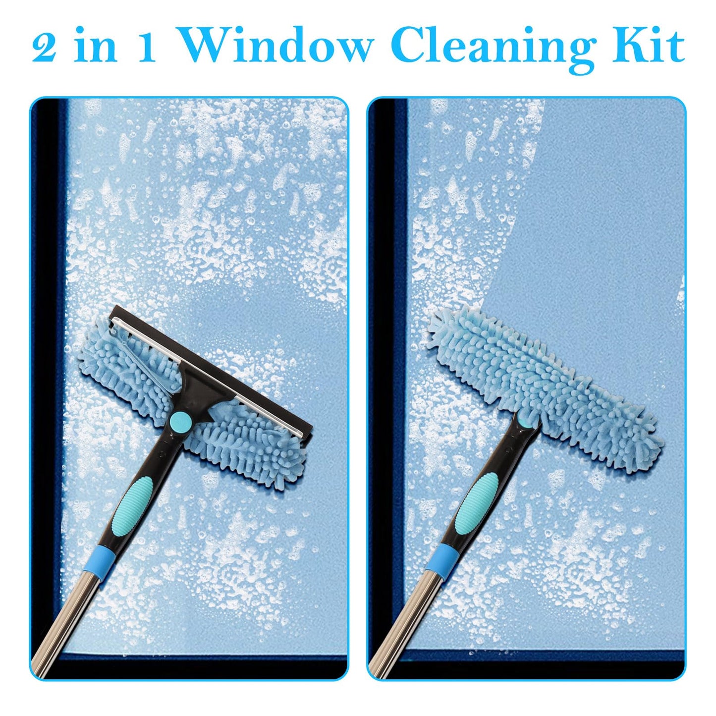 Terafeels 110.23in / 280cm Window Cleaning Tools, Window Squeegee: 2 in 1 Double-Sided Professional Cleaner Window Washing Kit with Extension Pole (Blue)