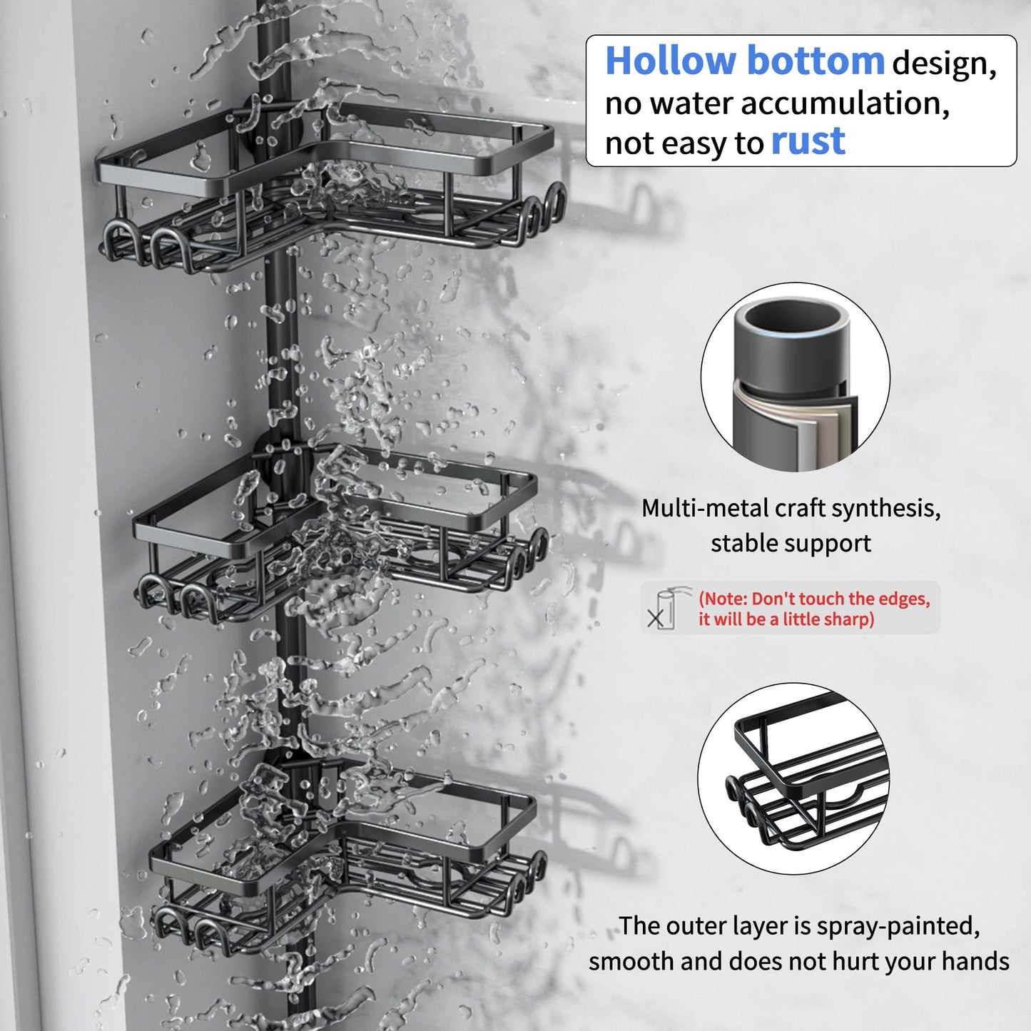 H Hawsam Shower Caddy Corner Tension Pole with 4 Tier Metals Baskets Rustproof Shower Shelves Corner Standing Large Bathroom Shower Storage Organizer Shelf Adjustable Height from 32 to 123 In
