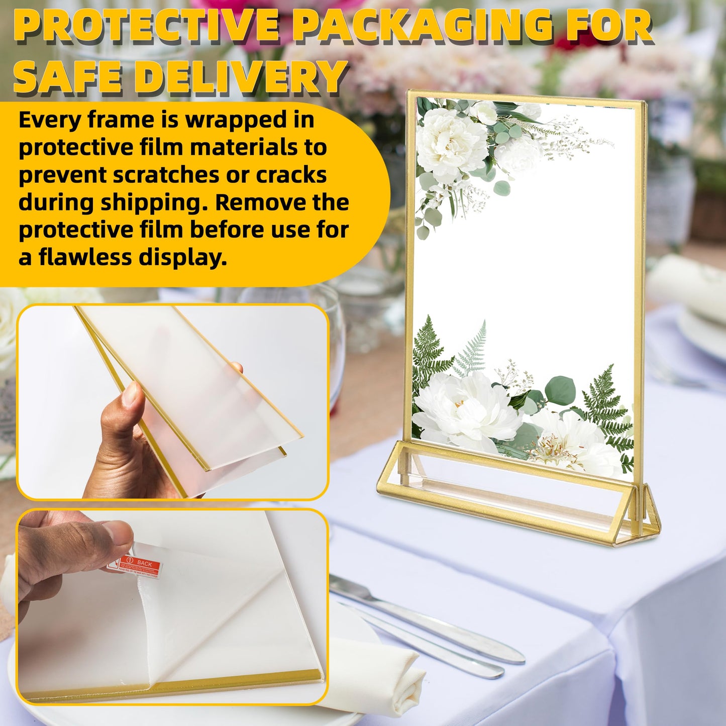 TonGass 5"x7" Clear Acrylic Table Number Holders with 3mm Gold Border (12-Pack), Double-Sided Clear Sign Holders for Weddings, Events, Menu or Photo Display, Vertical Stand Acrylic Picture Frame