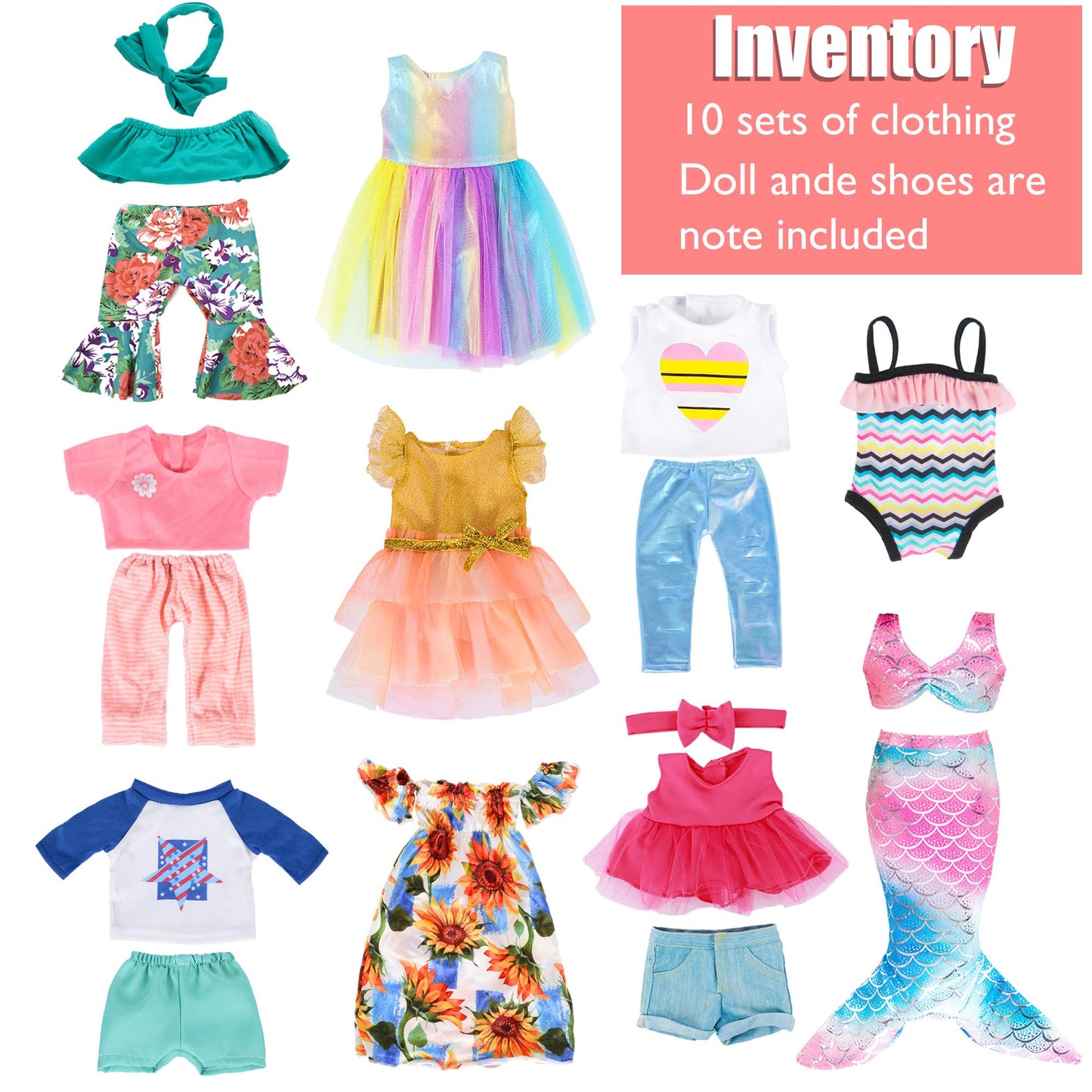 10 Sets 18 inch Doll Clothes and Accessories - Including Mermaid Costume, Stylish Casual Outfit, Swimwear Fit for 18 Inch Doll (No Doll)