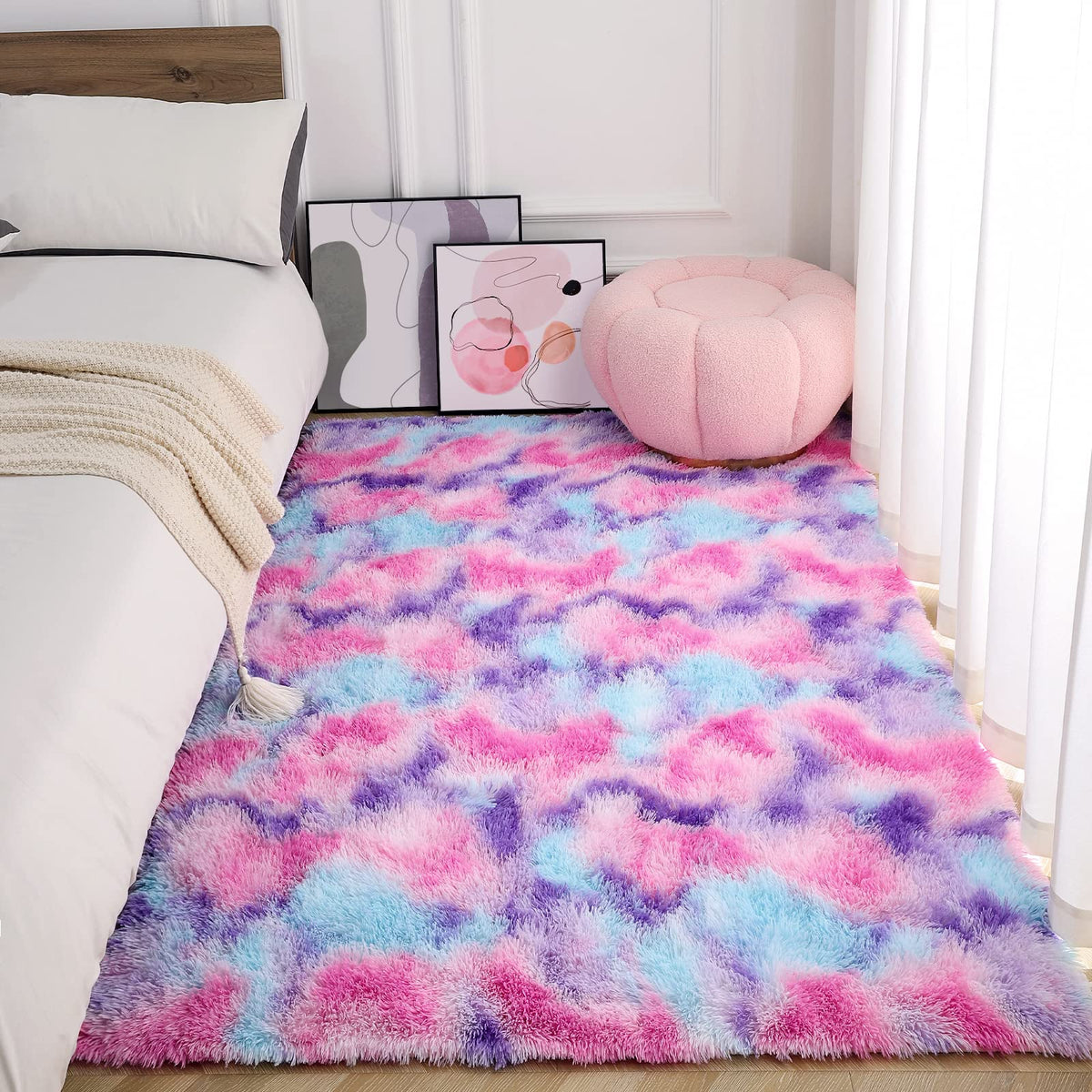 AROGAN Soft Rainbow Area Rugs for Girls Room 5x8 Feet, Fluffy Girls Bedroom Rugs, Princess Rug, Cute Colorful Carpet for Kids Teens Nursery Toddler (Hot Pink)