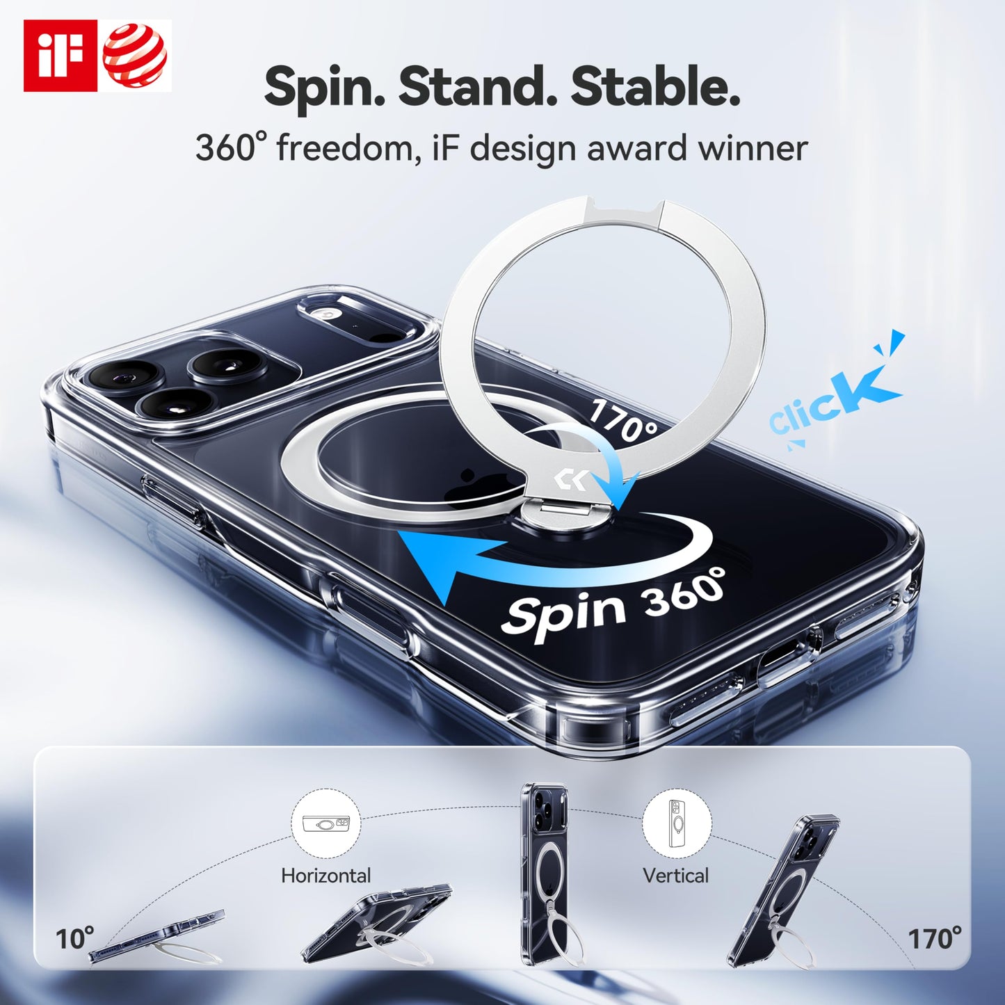 CASEKOO Clear Designed for iPhone 17 Pro Case with 360 Spin Magnetic Stand [Fit for MagSafe][17FT Military Protection] Slim Polished for iPhone 17 Pro Case with Stand 6.3'', Clear