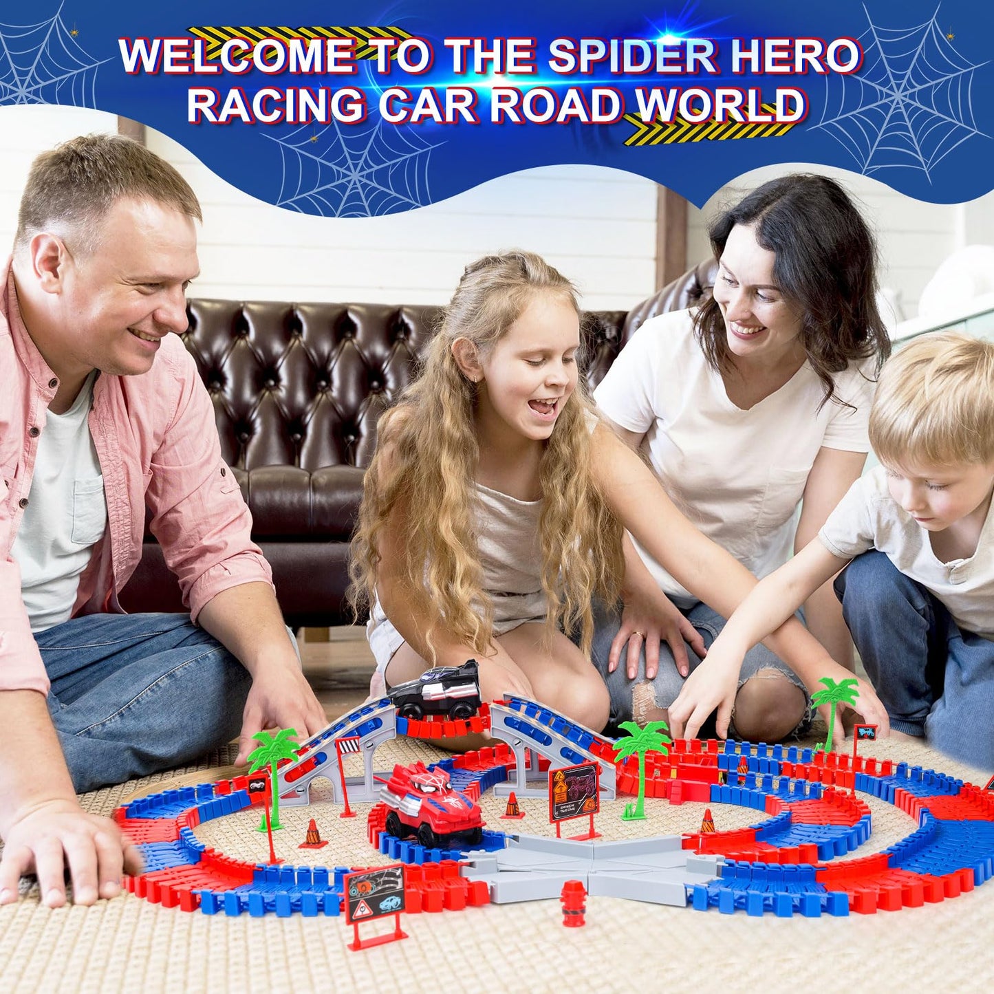 Spider Toys Race Car Track Set 212 PCS for Kids Ages 3-8, Interactive Building Toy with Monster Truck and Car Ramps, Educational STEM Learning Gift for 3 4 5 6 Year Old Boys and Girls