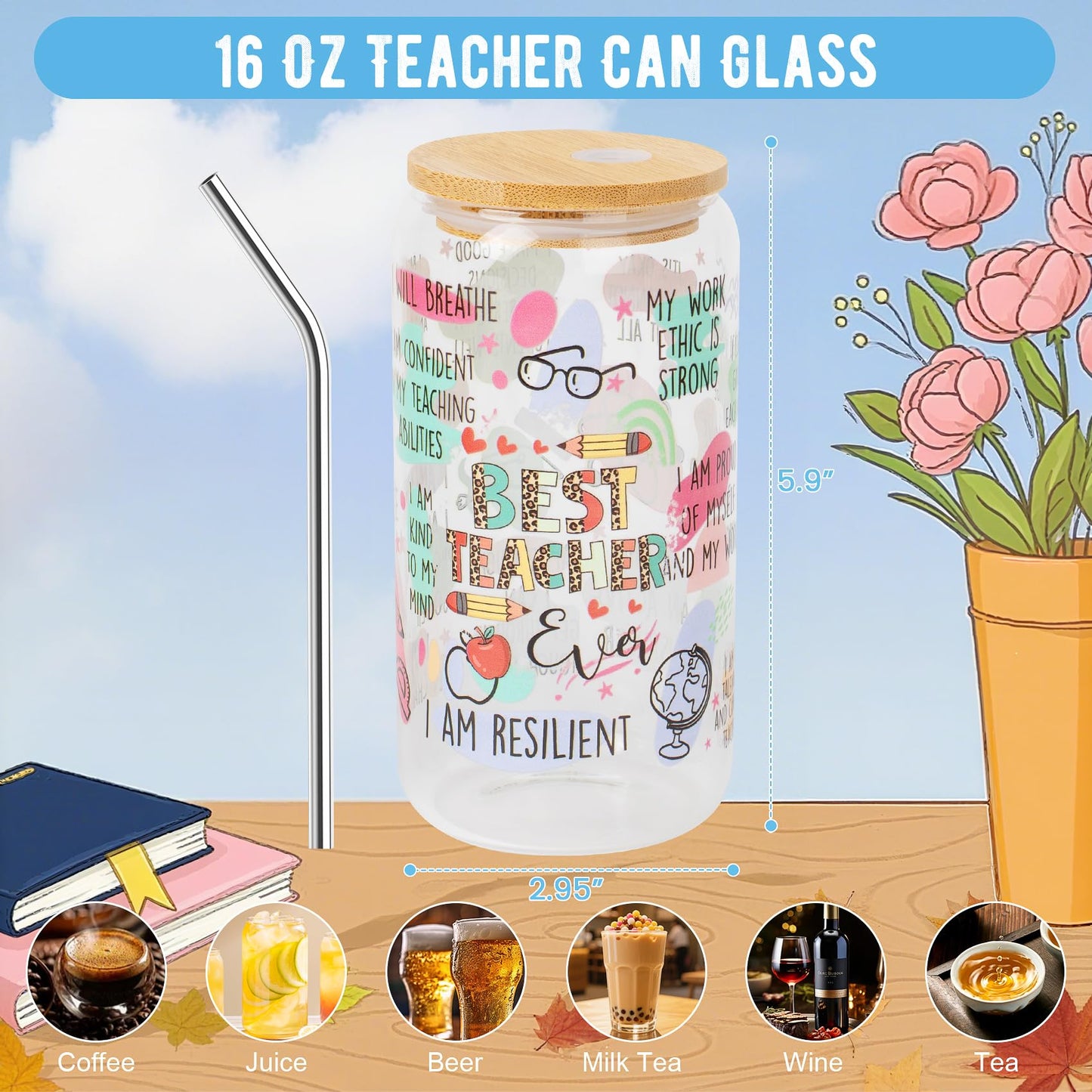 WOFIROY 16 Pieces Teacher Appreciation Gifts in Bulk 4 Set, Thank You Teacher Gifts with 4 16 Oz Glass Cup, 4 Makeup Bag, 4 Pens, 4 Greeting Cards, End of Year, Graduation, Christmas Gift for Teachers