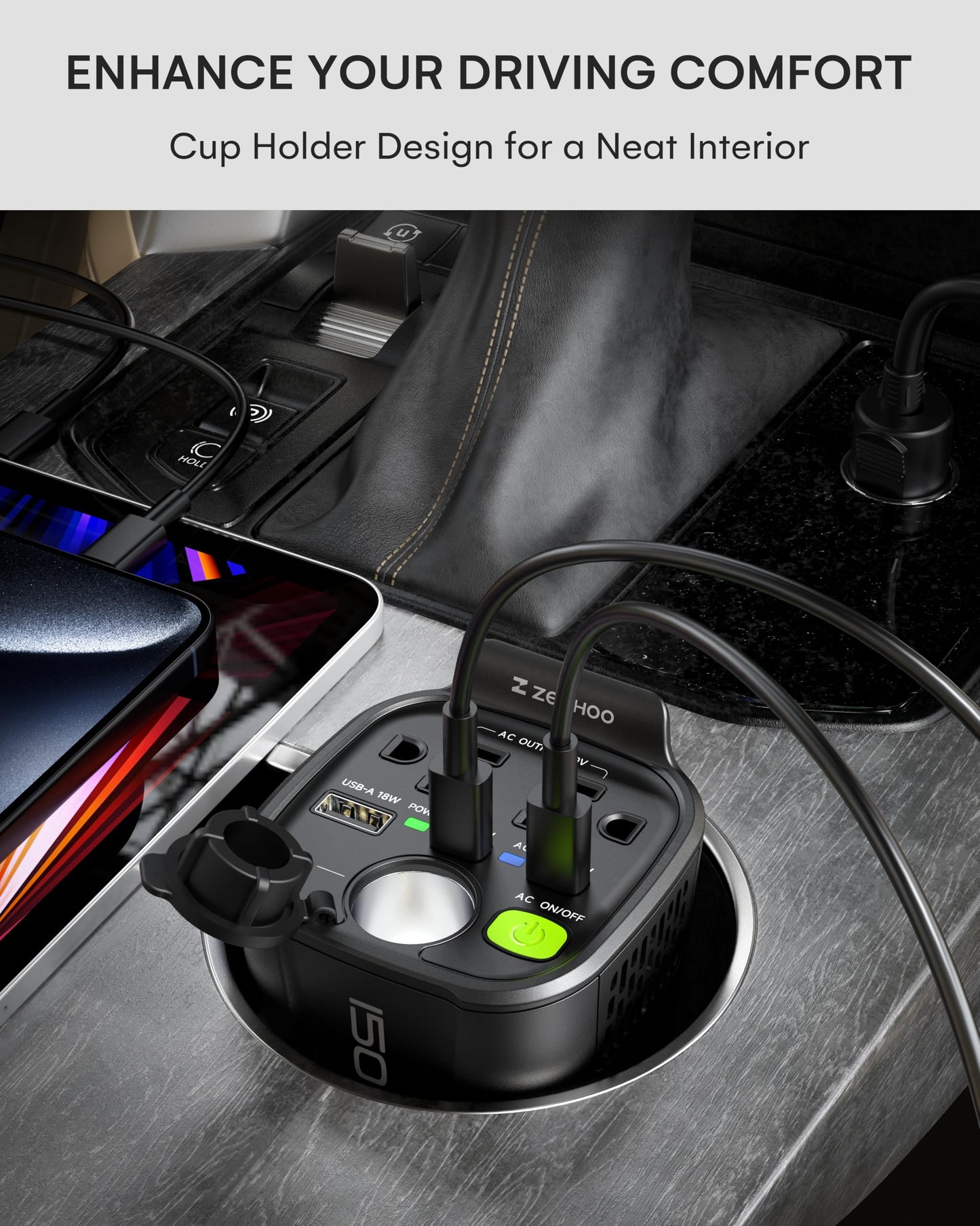 150W Car Power Inverter, 12V DC to 110V AC Car Plug Adapter Outlet Converter, with 2 AC Outlets, A 18W USB A and Dual 30W PD Car Charger, for Laptop Computer - Black