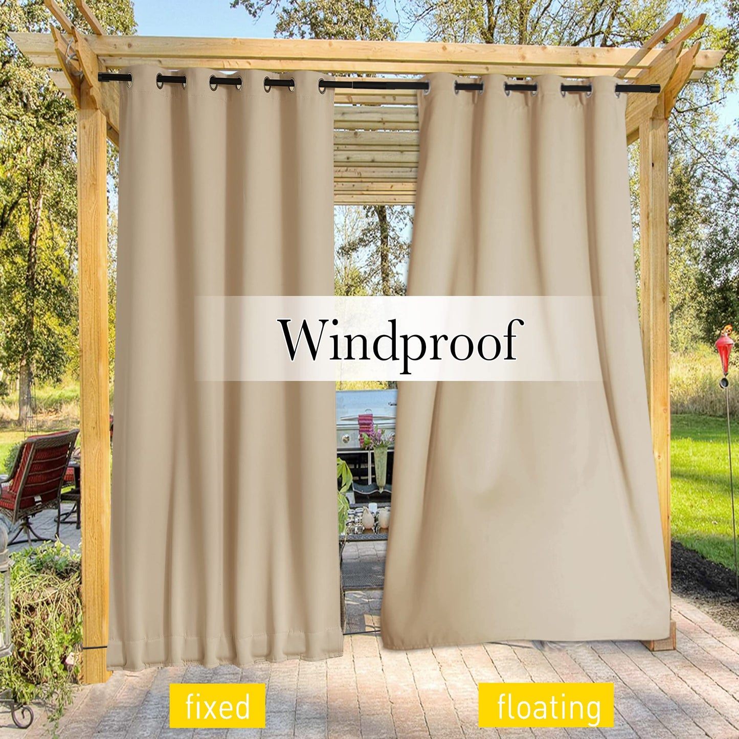 NICETOWN Outdoor Curtains 84 Inches 2 Panels for Gazebo, Waterproof Light Blocking Thermal Insulated Grommet Top Back Tab Bottom Weighted with Fixed Rope, Biscotti Beige, 52 Inches Width