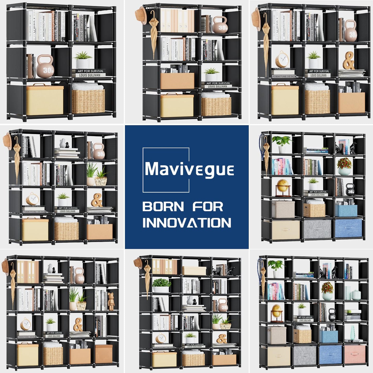 Mavivegue Book Shelf, 20 Cube Storage Organizer, DIY Bookcase, Metal Bookshelf, Display Shelf, Tall Bookcase for Bedroom, Living Room,Office,Closet, Black Cubicle Rack