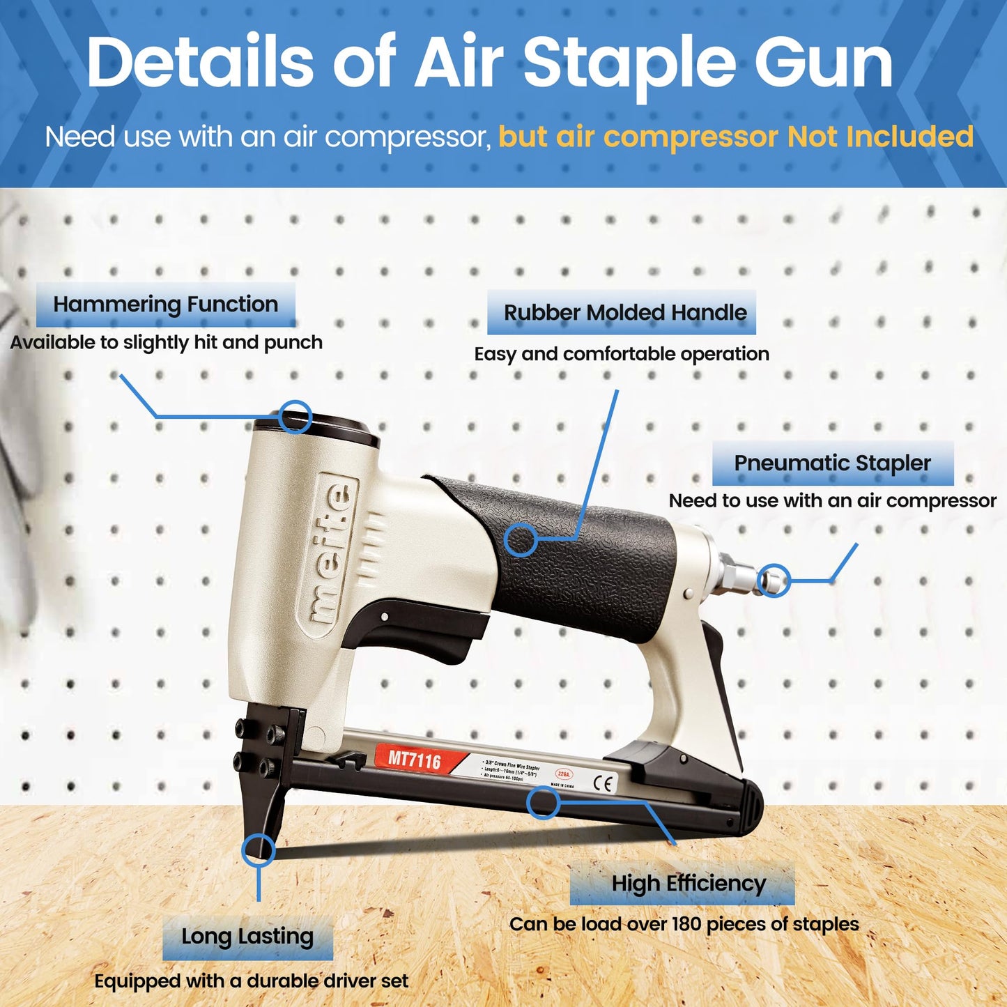 meite MT7116 Pneumatic Upholstery Stapler - 22 Gauge 71 Series 9MM (3/8-Inch) Crown 6-16MM (1/4-Inch to 5/8-Inch) Leg Length Fine Wire Stapler Air-Powered Furniture Stapler