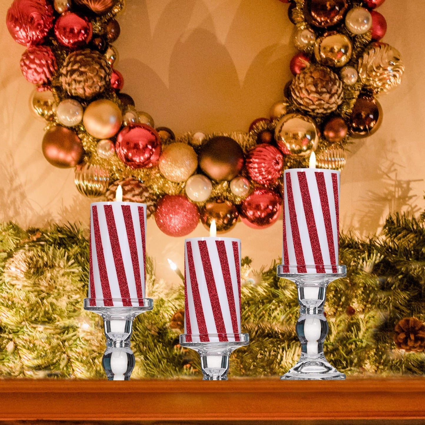 Baquler 3 Pcs Christmas Flameless Candles Candy Cane LED Pillar Candle Peppermint Glitter Stripe Red and White Battery Operated Candlestick for Xmas Party Holiday Table Centerpiece Home Decoration