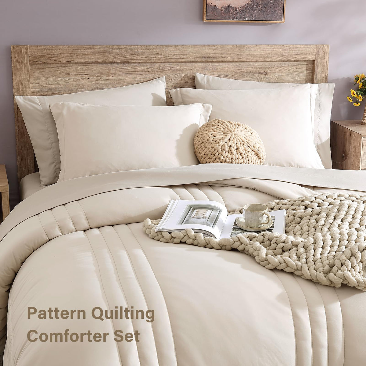 Monbix Queen Comforter Set - 7 Pieces Apricot Beige Bed in a Bag Queen Bedding Sets with Comforters, All Seasons Comforter Bed Set with Sheets, Pillowcases & Shams