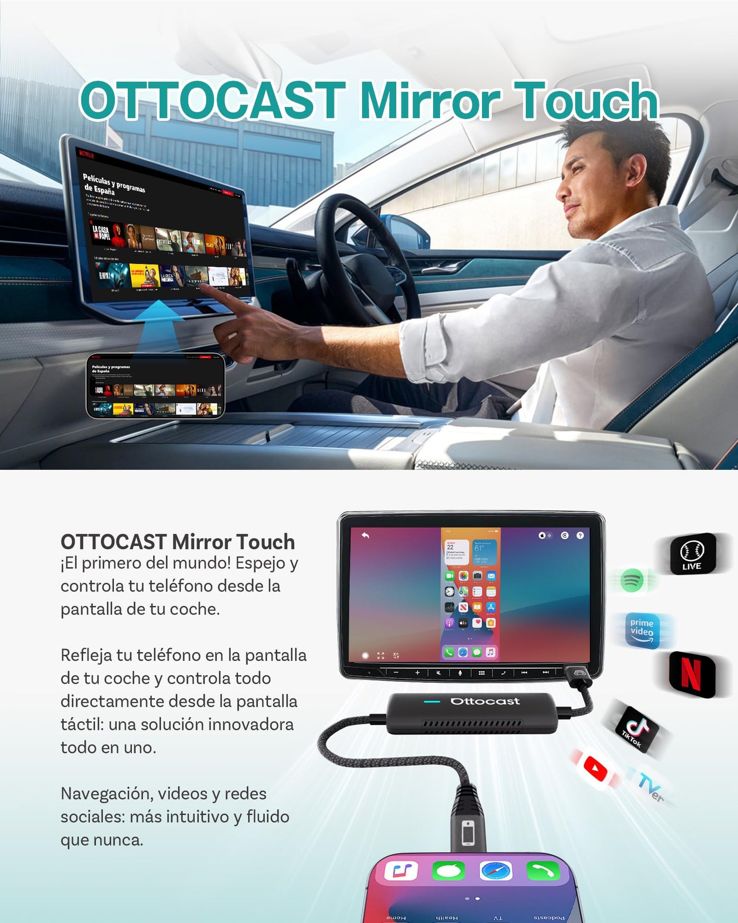 Ottocast Mirror Touch - Wireless CarPlay & Bi-Directional Phone Mirroring Adapter - Dual Mode, Plug & Play Upgrade for Factory Wired Cars (2016+)