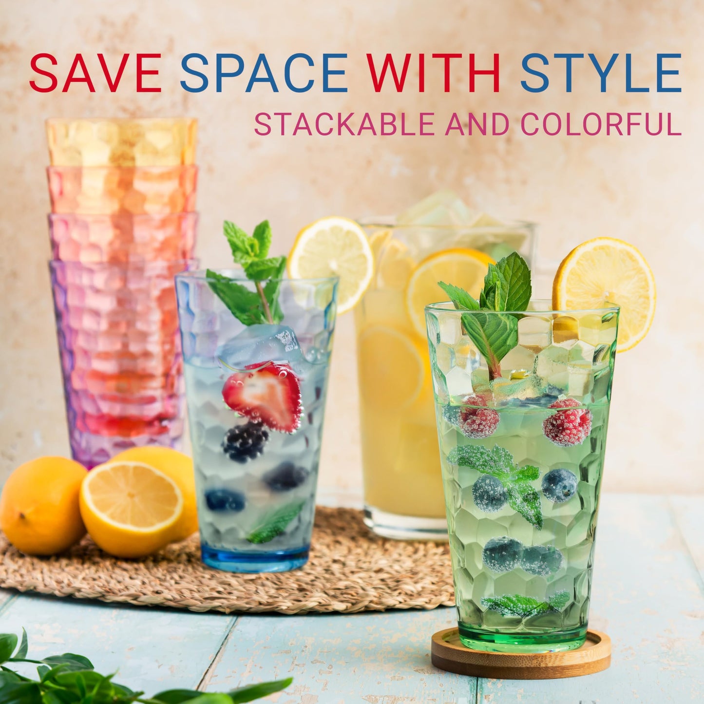 Bravario Hammered Plastic Drinking Tumbler, Dishwasher-Safe Premium Quality Water Glasses, BPA-Free Reusable Mixed Colors Assorted Stackable Cups, 22 oz Set of 6
