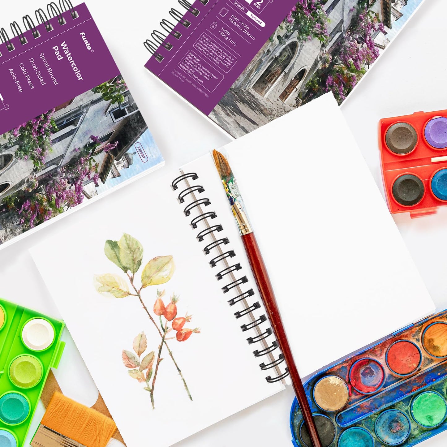 Funto Watercolor Pad 5.5x8.5", 3-Pack, 90 Sheets (140 lb/300 gsm), Double-Sided Cold Press Paper, Spiral Bound, Heavyweight Paper for Watercolor Painting, Ideal for Beginners, Artists and Professionals