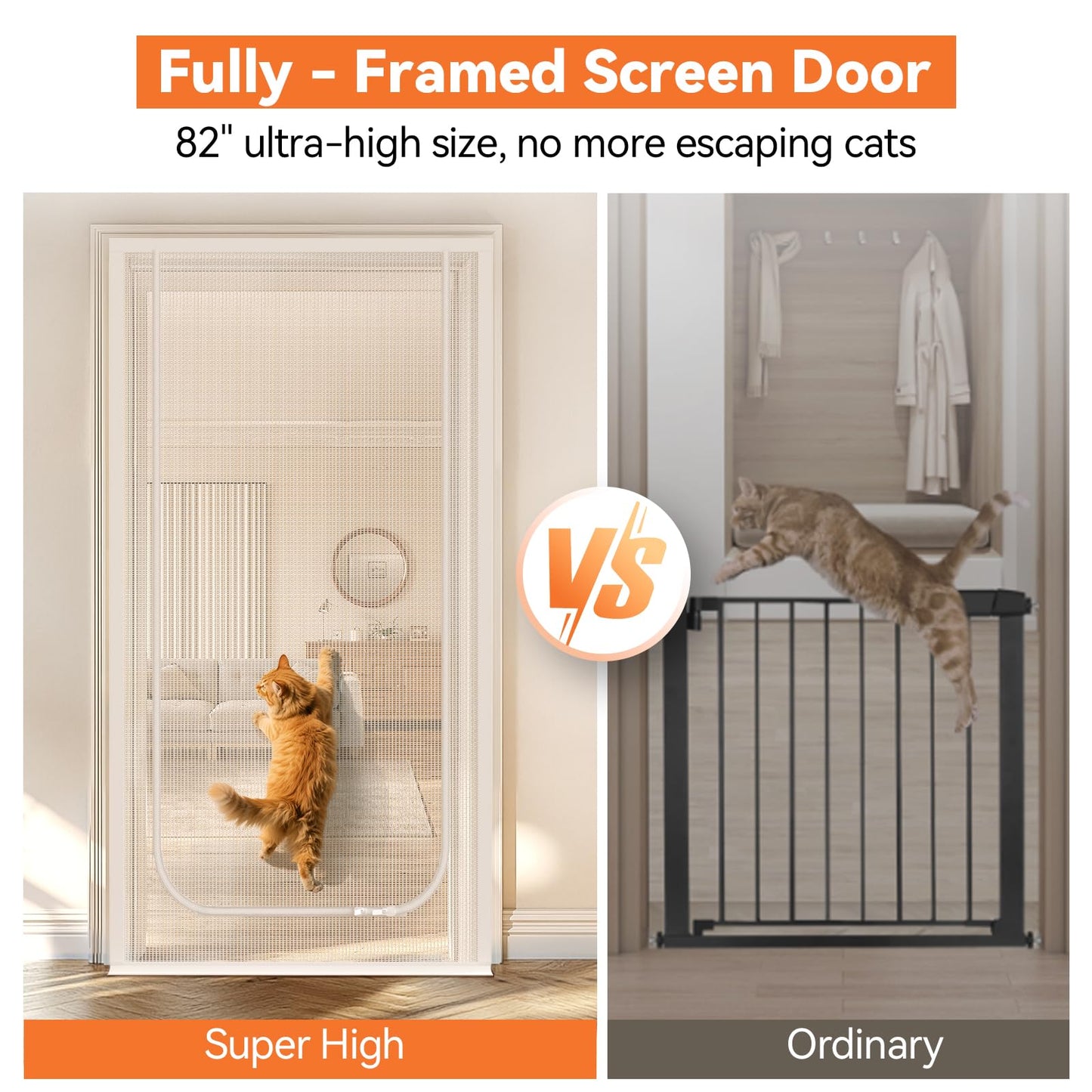 BFNN Cat Screen Door, Extra Tall Cat-Proof Mesh Gate, Fit Door Size 32'' x 80'', Anti Scratch Mesh with Zipper Closure, for Living Room, Kitchen, Bedroom (White, U-Shaped)