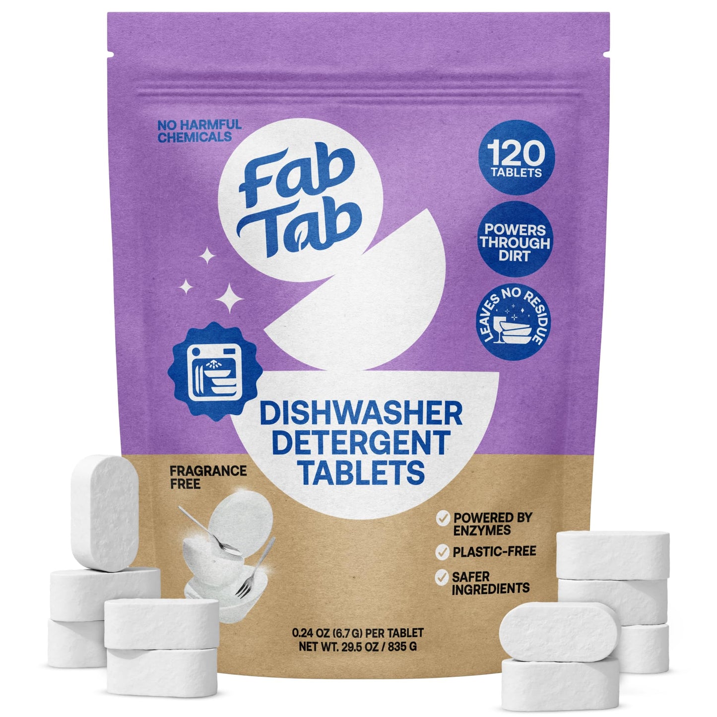 Fab Tab 100% Plastic-Free Dishwasher Detergent Tablets, Clean Ingredients, Fragrance Free, No Residue, Powerful Enzyme-Based Dishwasher Pods, 120 Count.