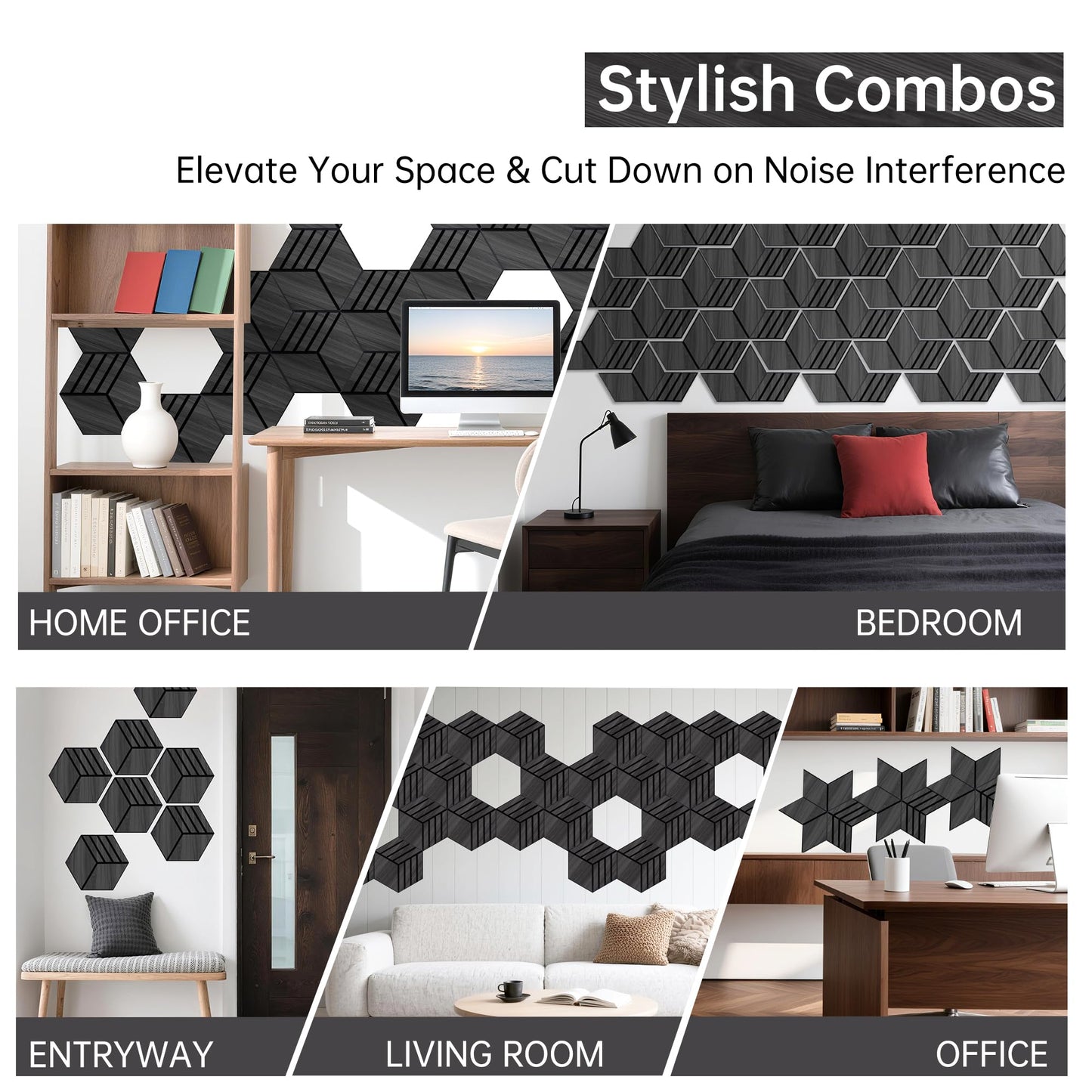 Mollywell Hexagon Acoustic Panels, Black Oak TW4, 14x12x0.4 Inch, 12 Pack |Wood Veneer|High Density Sound Proofing Wall Panels|Self Adhesive Sound Dampening Felt Wall Tiles|Home Theater|Gaming Room|