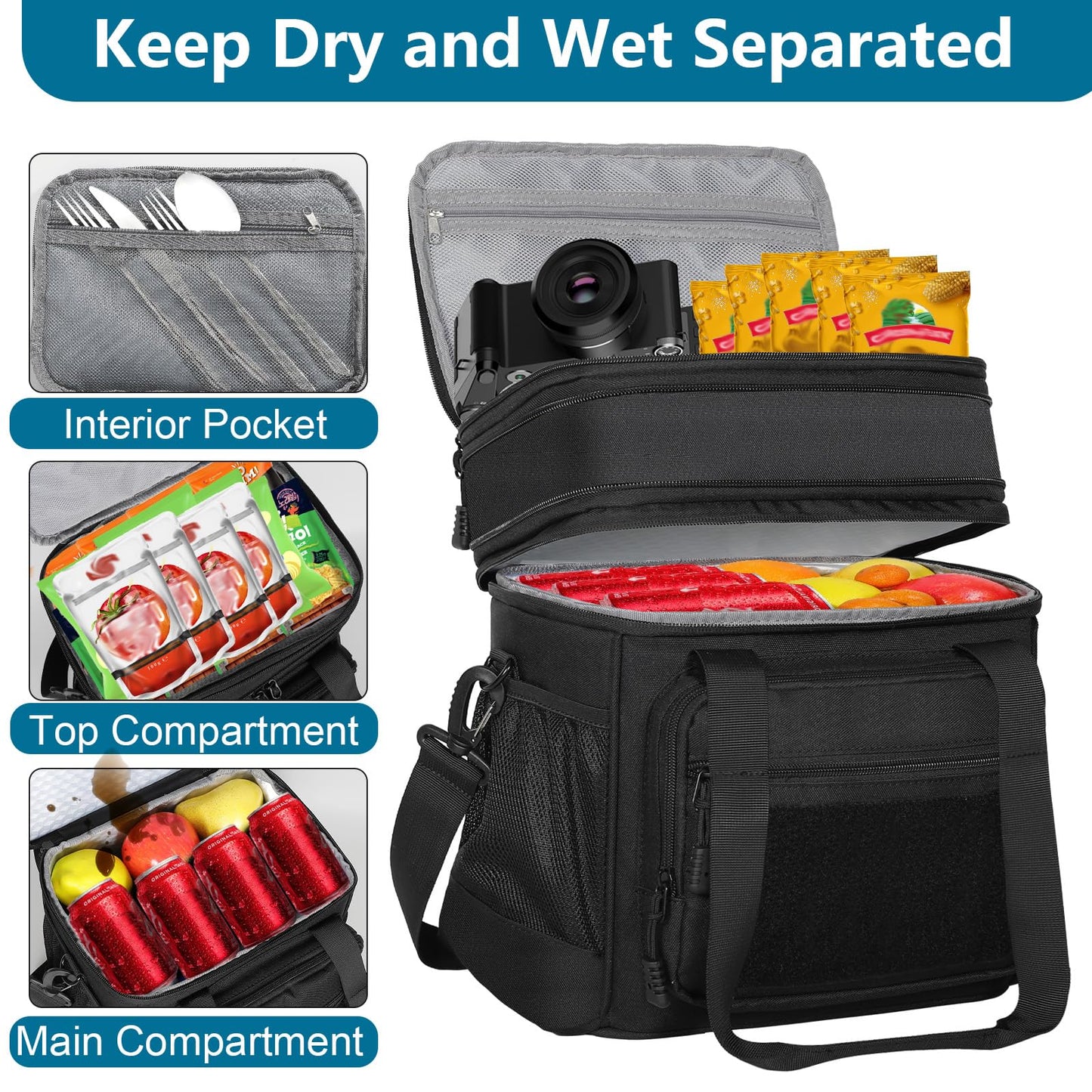 Tactical Lunch Box Cooler Bag - Expandable Insulated Lunch Bag for Men Daily - Large Lunchbox for Adults Work Shifts Outdoor Trips Black 16L