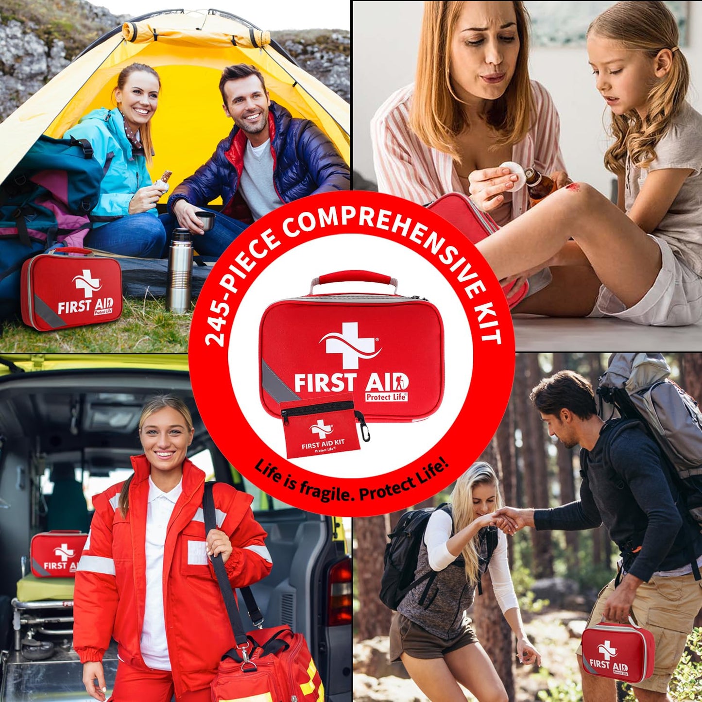 Protect Life First Aid Kit for Home & Businesses | HSA/FSA Eligible Kits for Emergency, Hiking, Camping | Small Travel First Aid Kit for Car | Travel Survival Medical kits (245 Pcs)