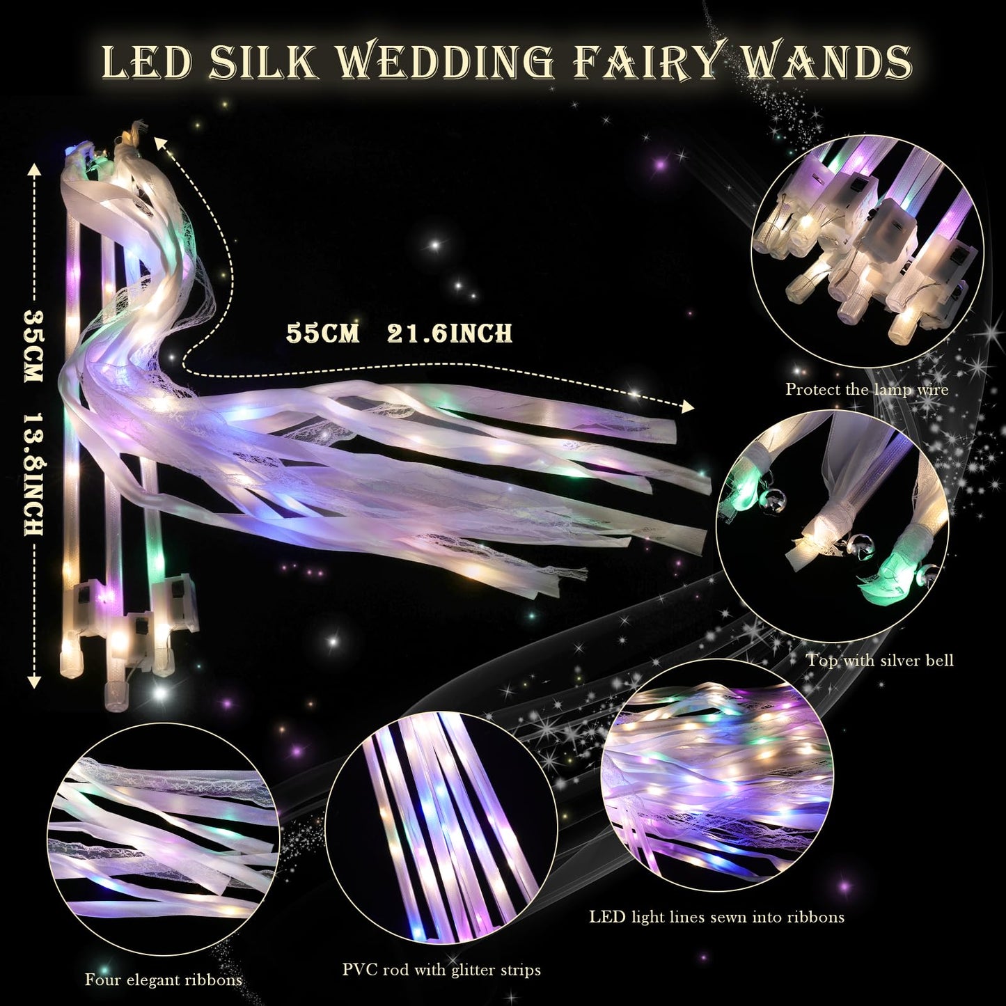 AUGFRYZIAN 100 Pieces Light up Wedding Wands with Ribbons & Bells –LED Silk Wedding Fairy Wands Streamers with Warm White & Colorful Lights for Wedding Send Off Ideas, Parties, and Celebrations