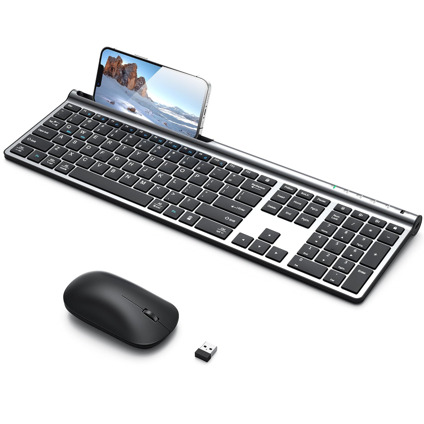 CHESONA Wireless Keyboard and Mouse Combo, Wireless Rechargeable Full Size Multi-Device (Wireless 5.0+3.0+2.4G) Keyboard Mouse Combo for Mac OS/iOS/Windows/Android, Silver Black