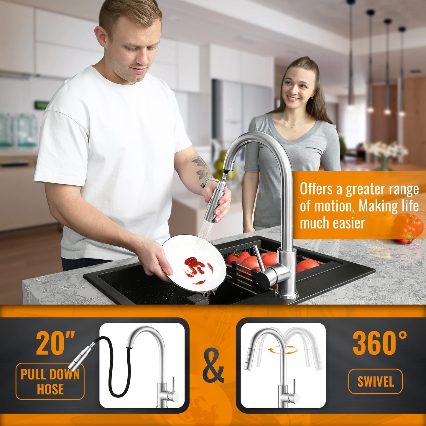 APPASO Modern Kitchen Faucet with Pull Down Multi-Flow Sprayer Brushed Nickel, Single-Handle High Arc Swan-Neck Kitchen Sink Faucet with Optional Deck Plate, Stainless Steel, AP-APS209-BN